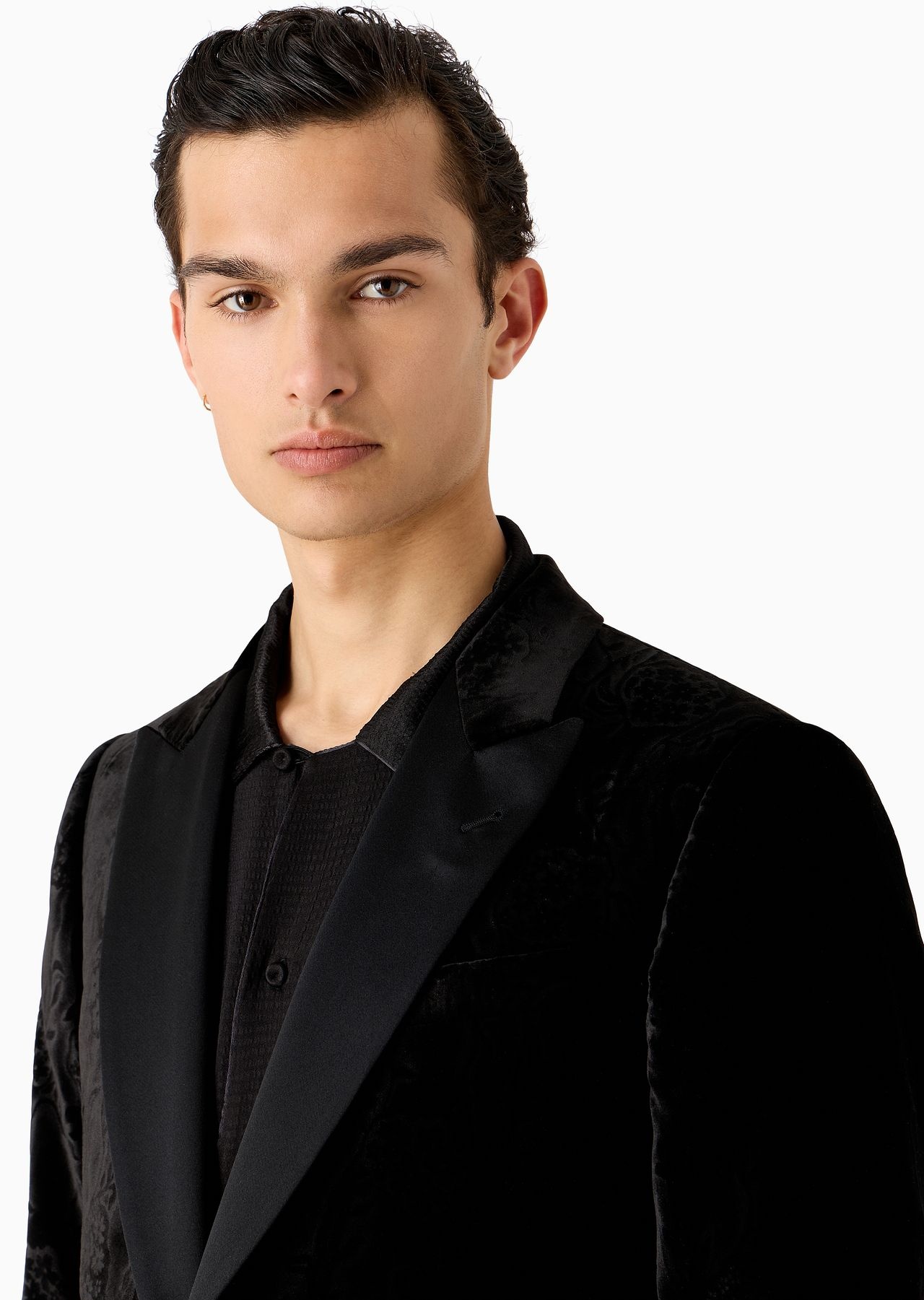 Slim-fit velvet tuxedo jacket with all-over printed motif - 5