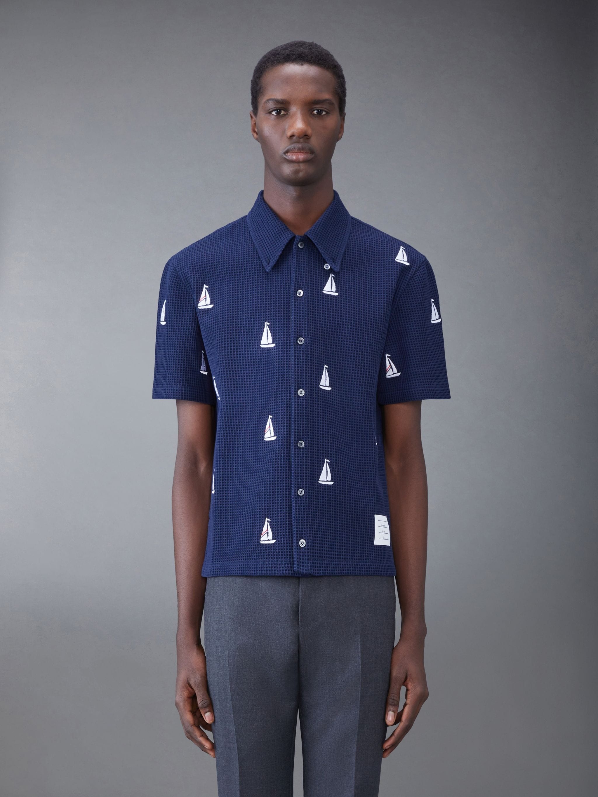 Textured Check Whale and Sailboat Short Sleeve Shirt - 1