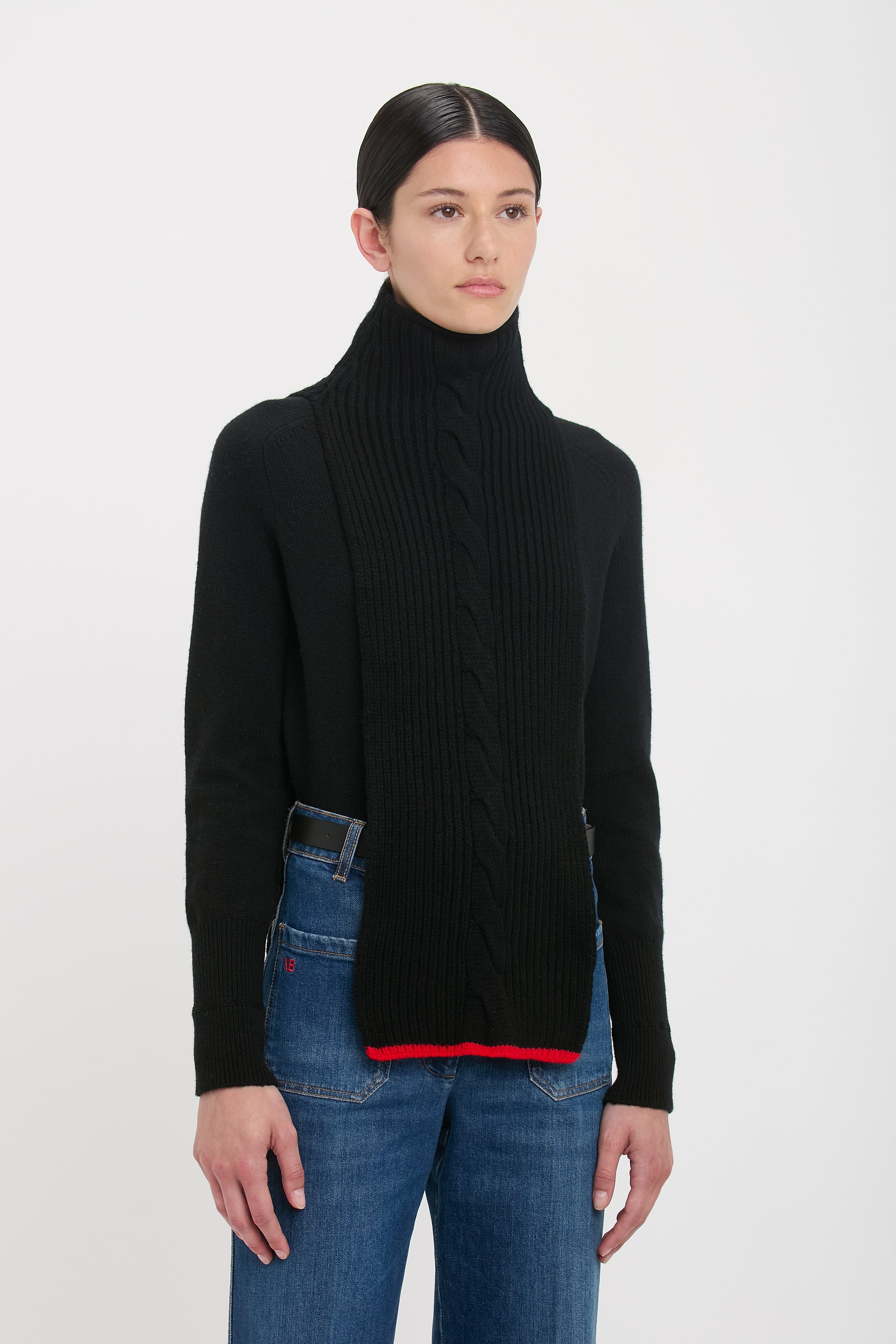 Knitted Polo Neck Scarf In Black-Red - 2