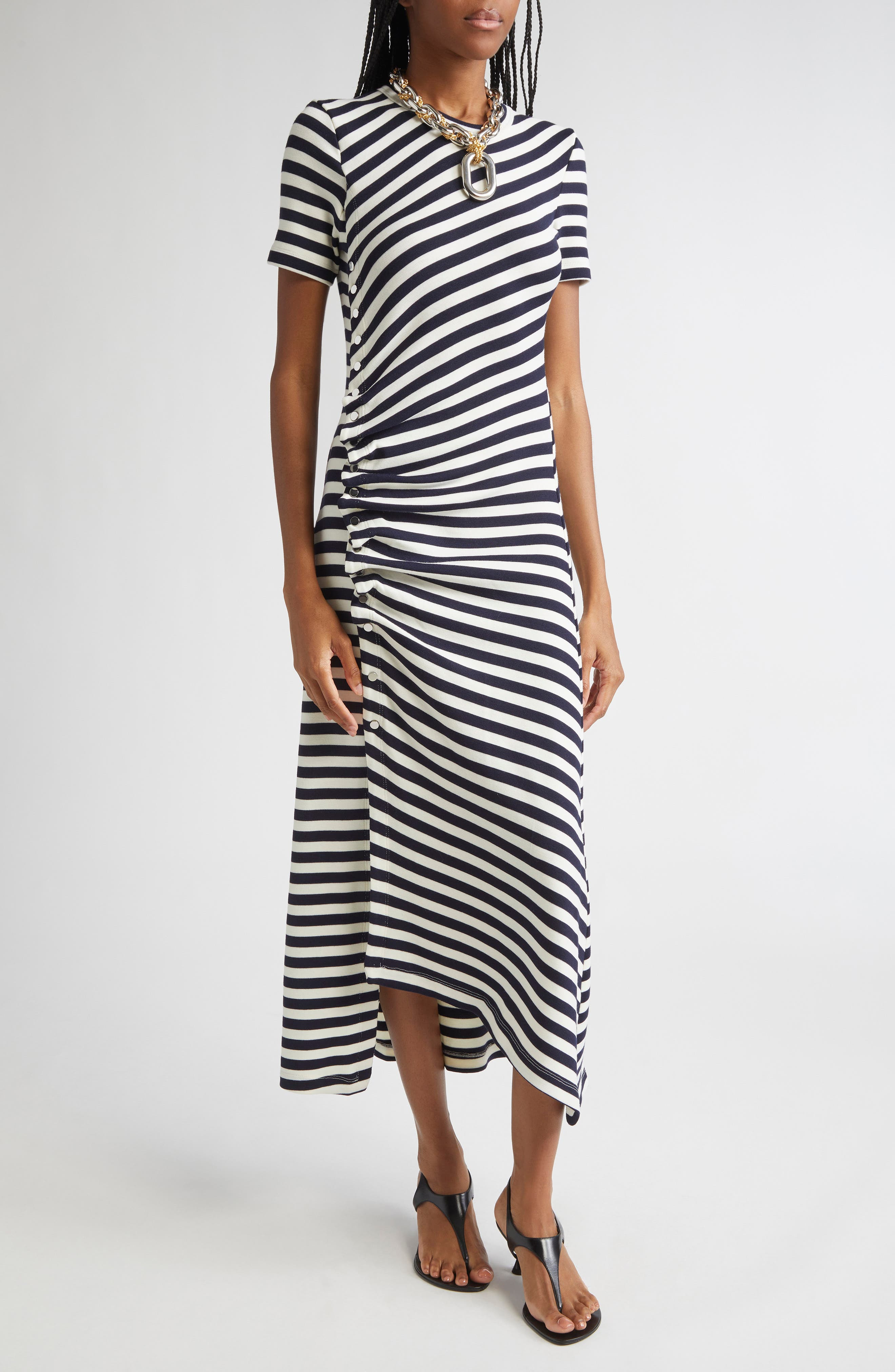 Rabanne Draped Stretch Virgin Wool Midi Dress in Navy /Cream at Nordstrom - 4