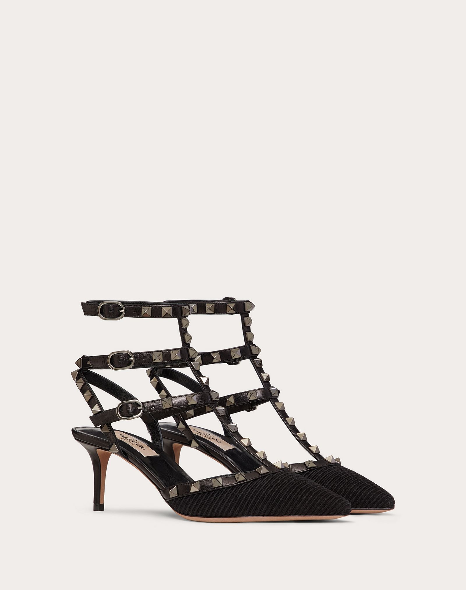 Rockstud Ottoman Fabric Leather Ankle Strap Pump 65 mm - 2