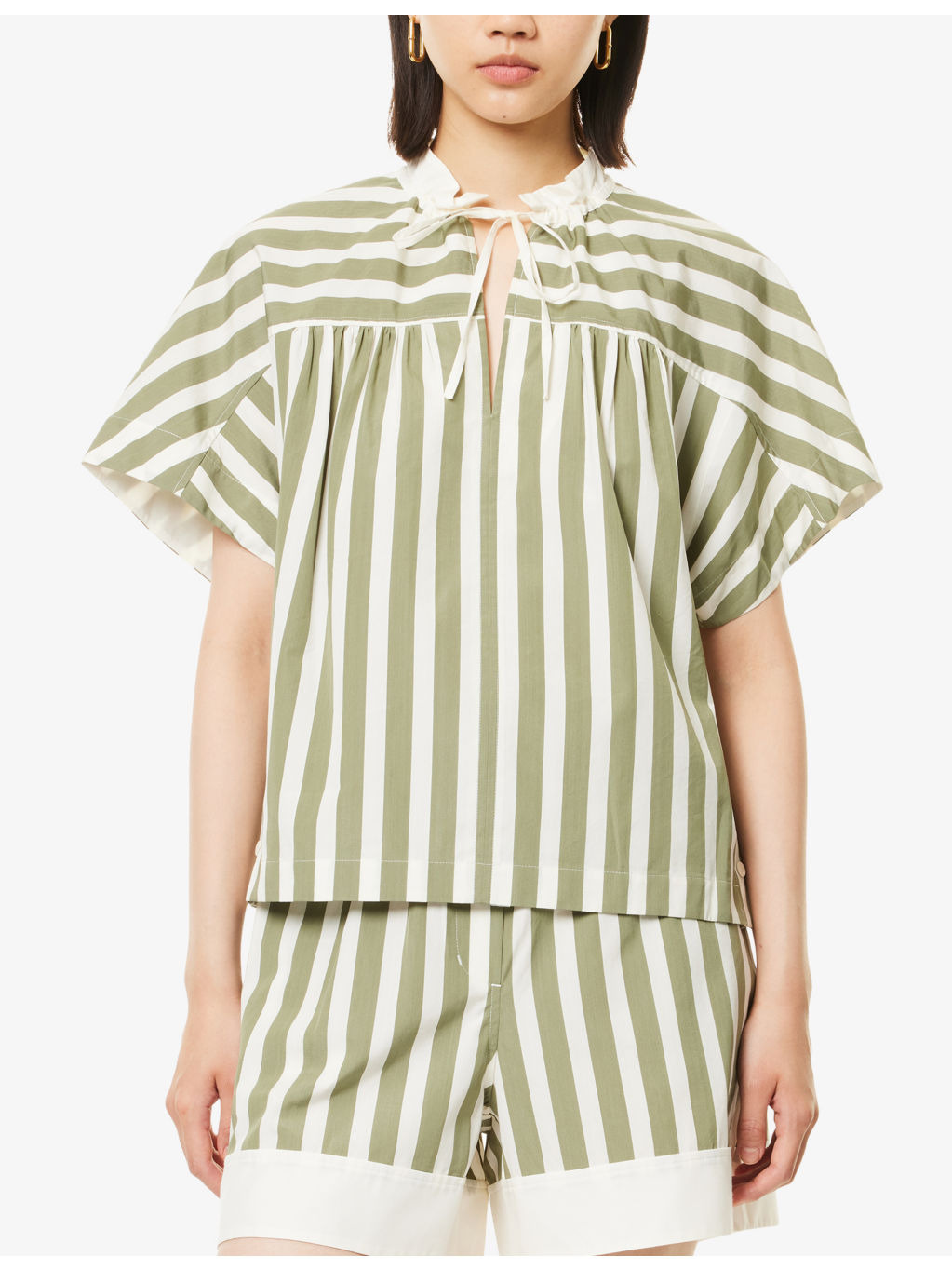 Striped Short-Sleeve Tie-Neck Cotton-Silk Top - 3