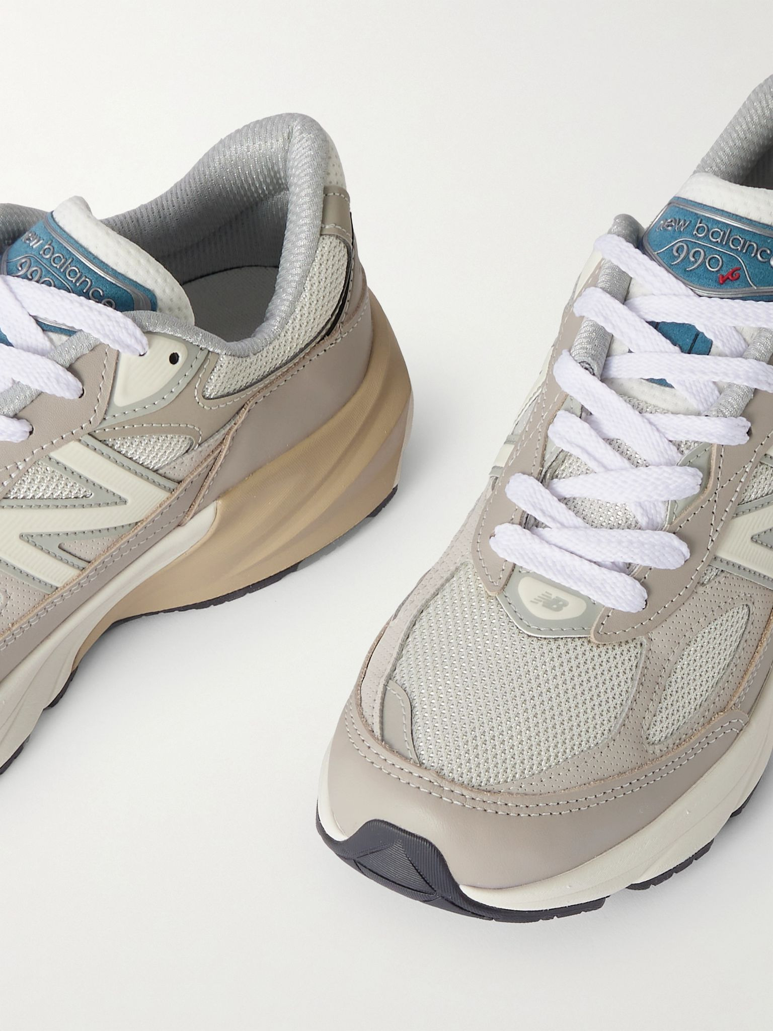 990v6 Leather-Trimmed Mesh Sneakers Beige - 5