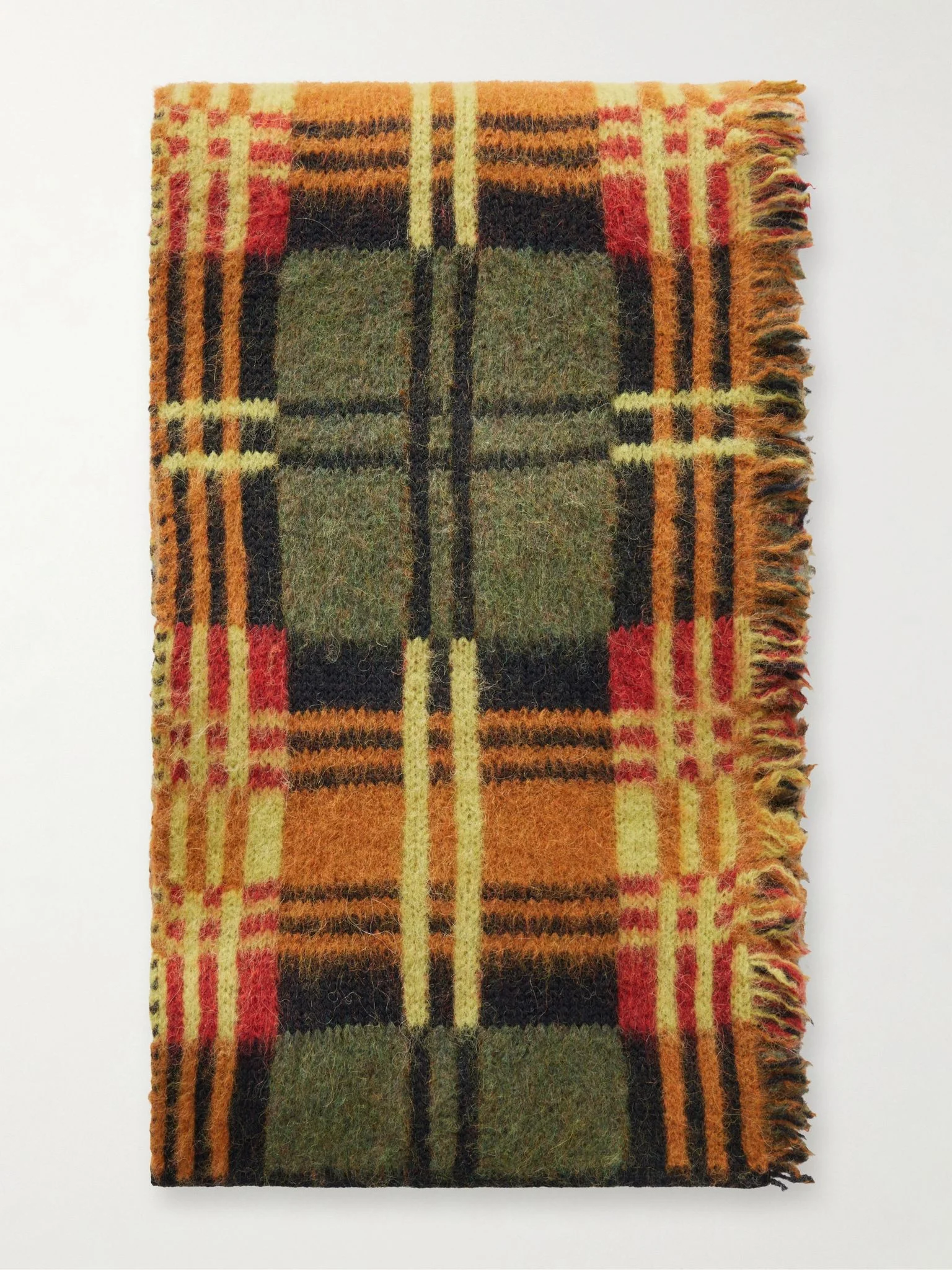 Fringe-trimmed checked brushed wool-blend scarf Forest green - 1