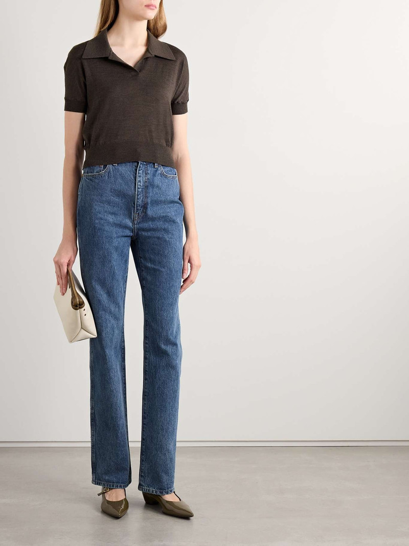 KHAITE Morgane cropped wool-blend polo top Dark brown outlook