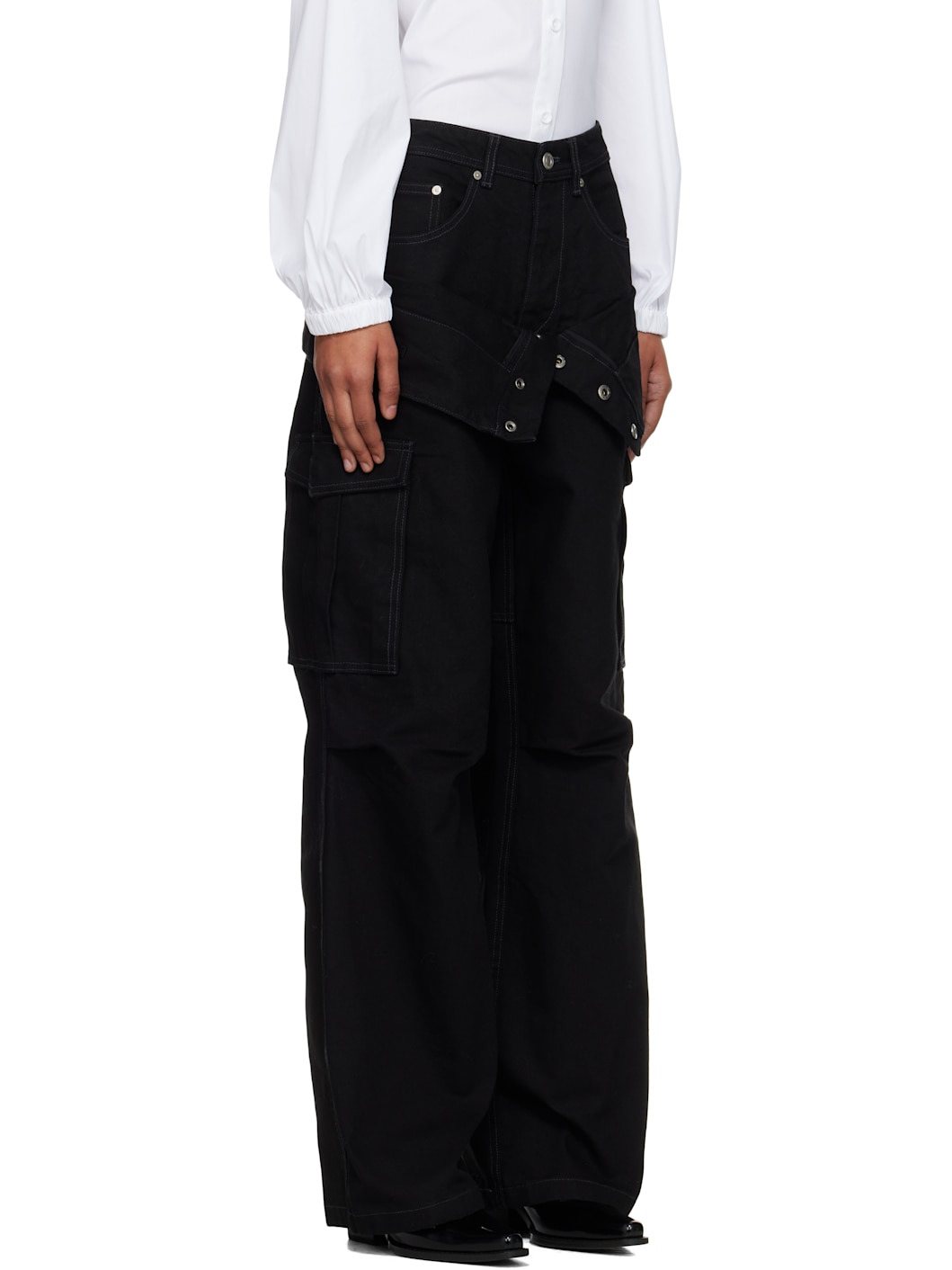 Black Double Waist Work Wide-Leg Cargo Pants - 2