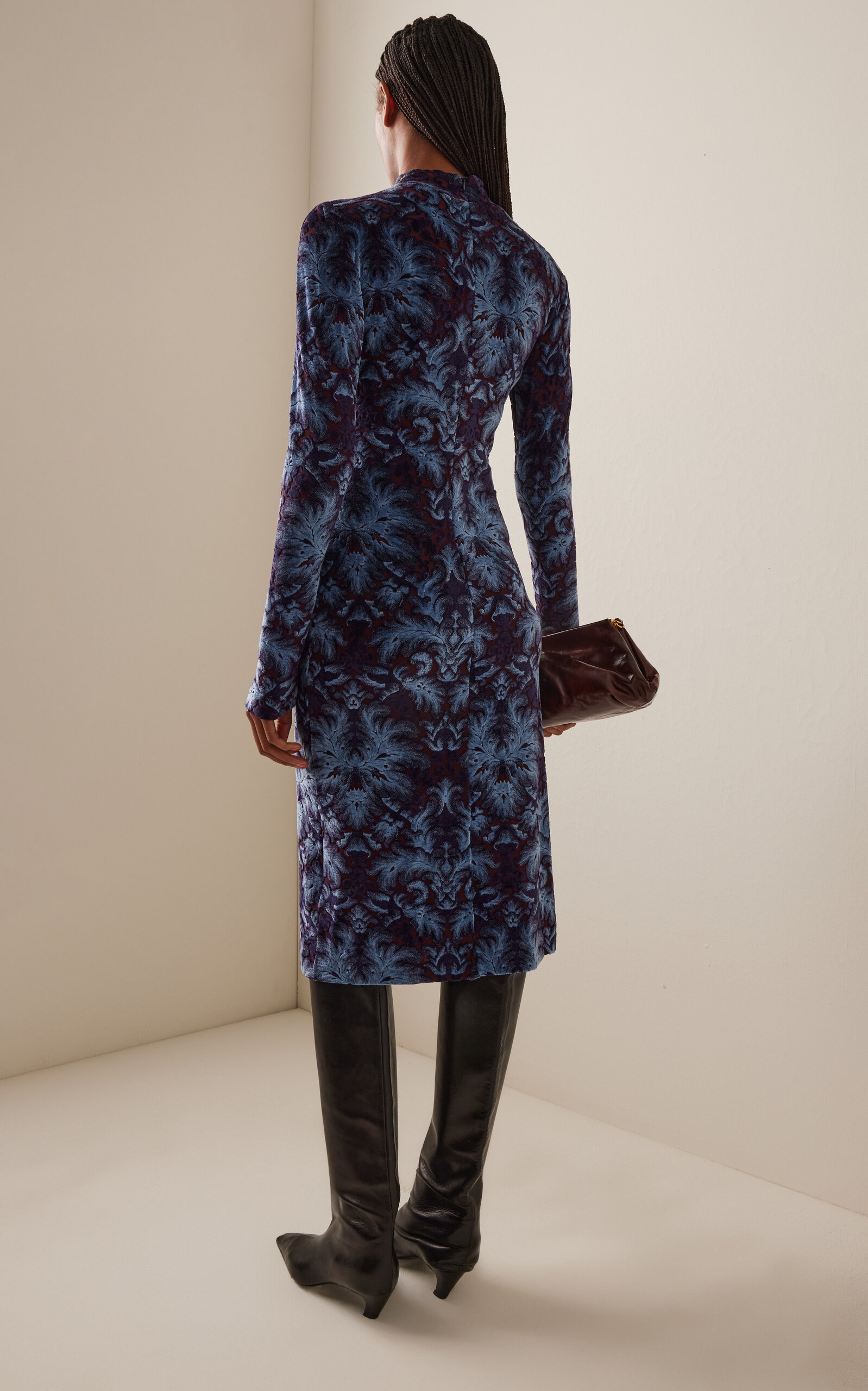 Printed Velvet Midi Dress blue - 4