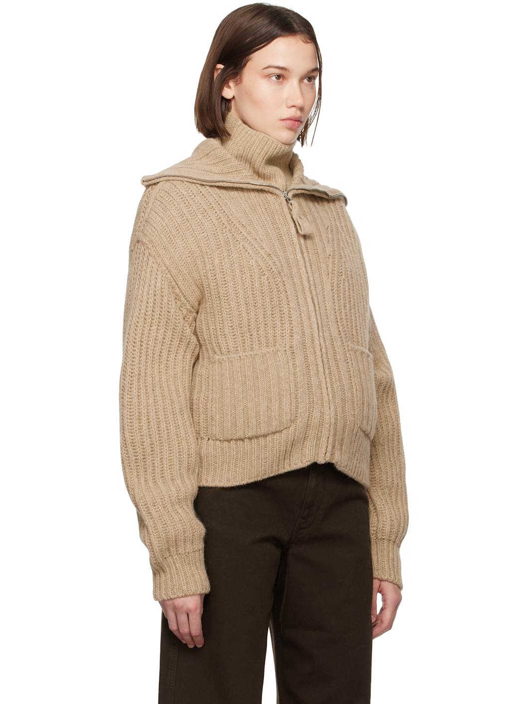 Beige Trucker Collar Zipped Cardigan - 2