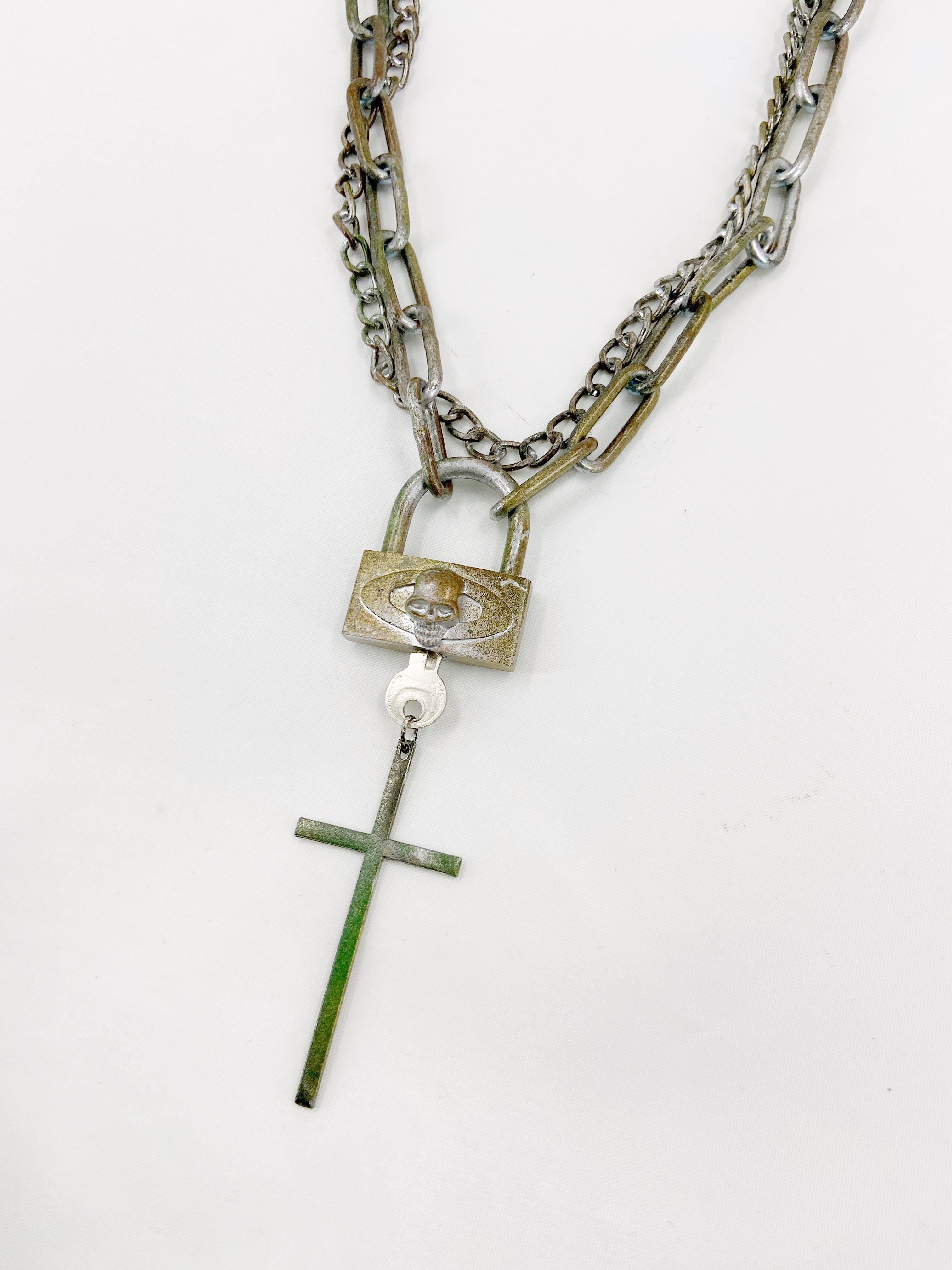 Jean Paul Gaultier 90s Sample Skull Lock Key Cross Double Chain Necklace - 5