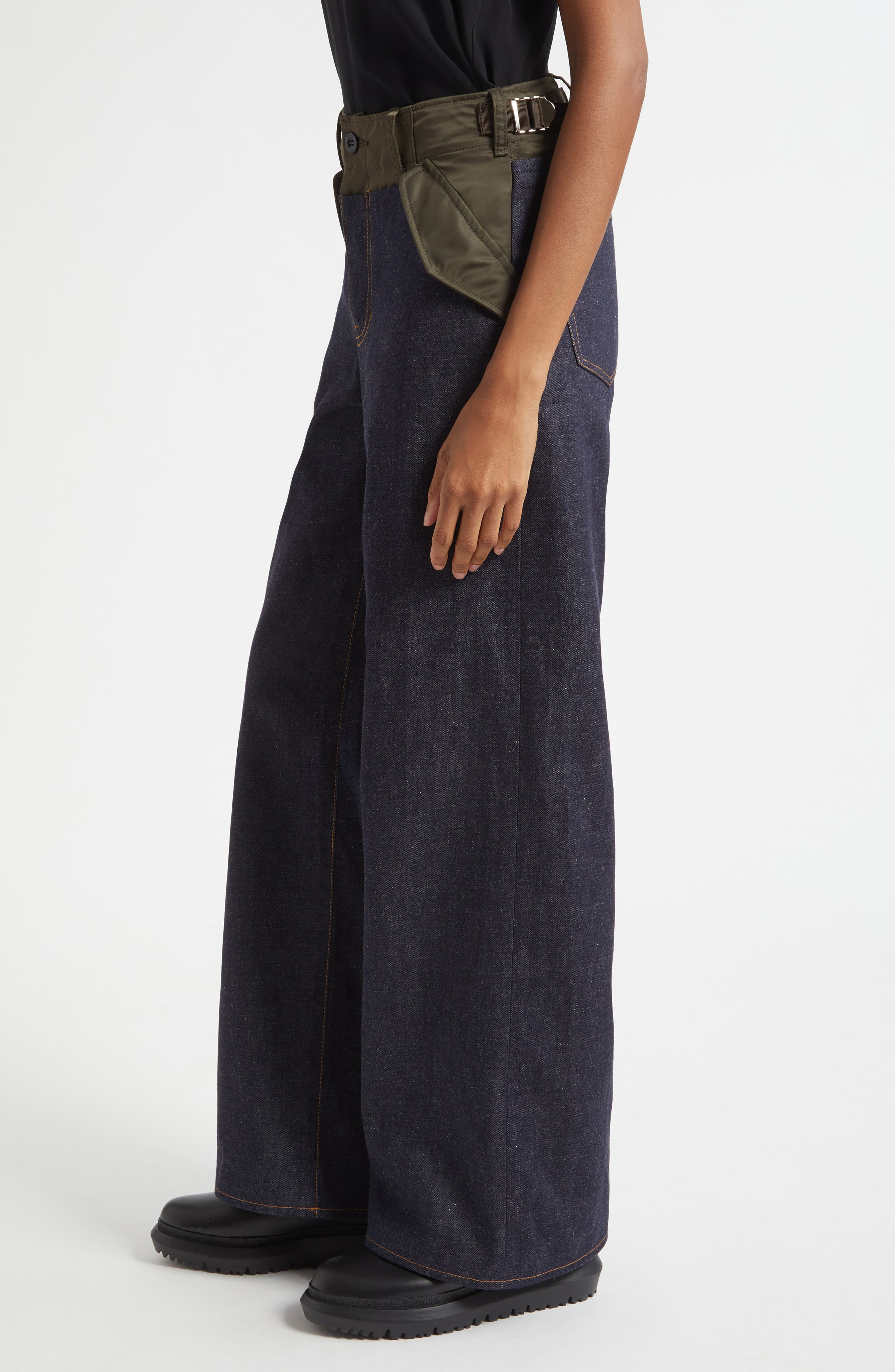 Sacai Baggy Mixed Media Jeans in Indigo/Dark Khaki at Nordstrom - 4