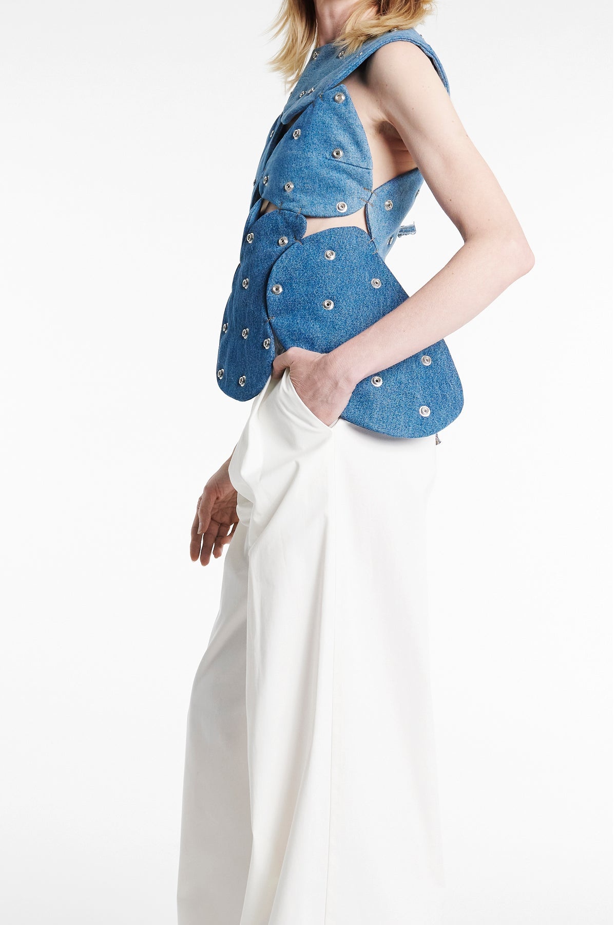 STUDDED UPCYCLED DENIM ISLAND TOP BLUE DENIM - 5