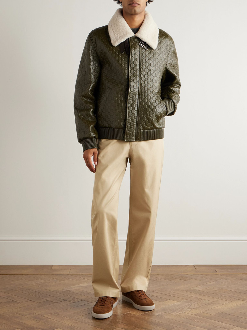 GUCCI Shearling-Trimmed Logo-Debossed Leather Jacket Army green outlook