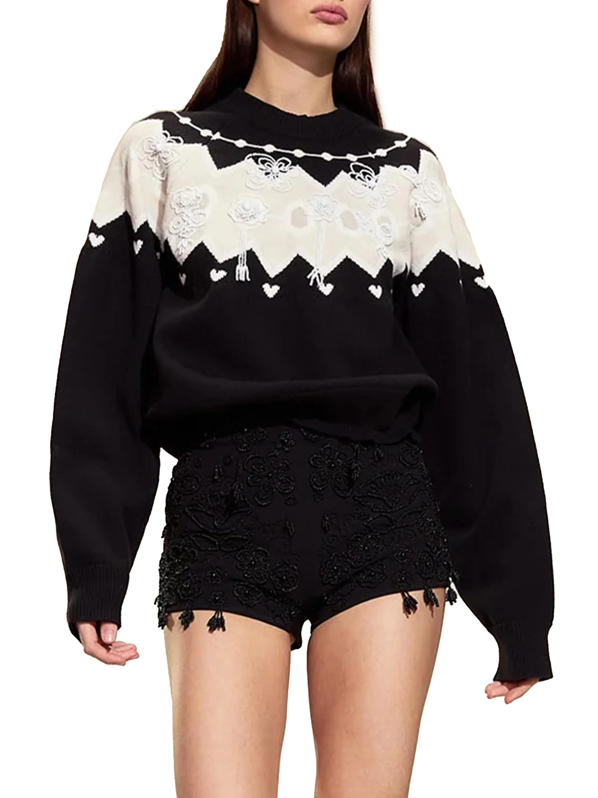 Women's Milei Beaded Knit Sweater - Black White - 1