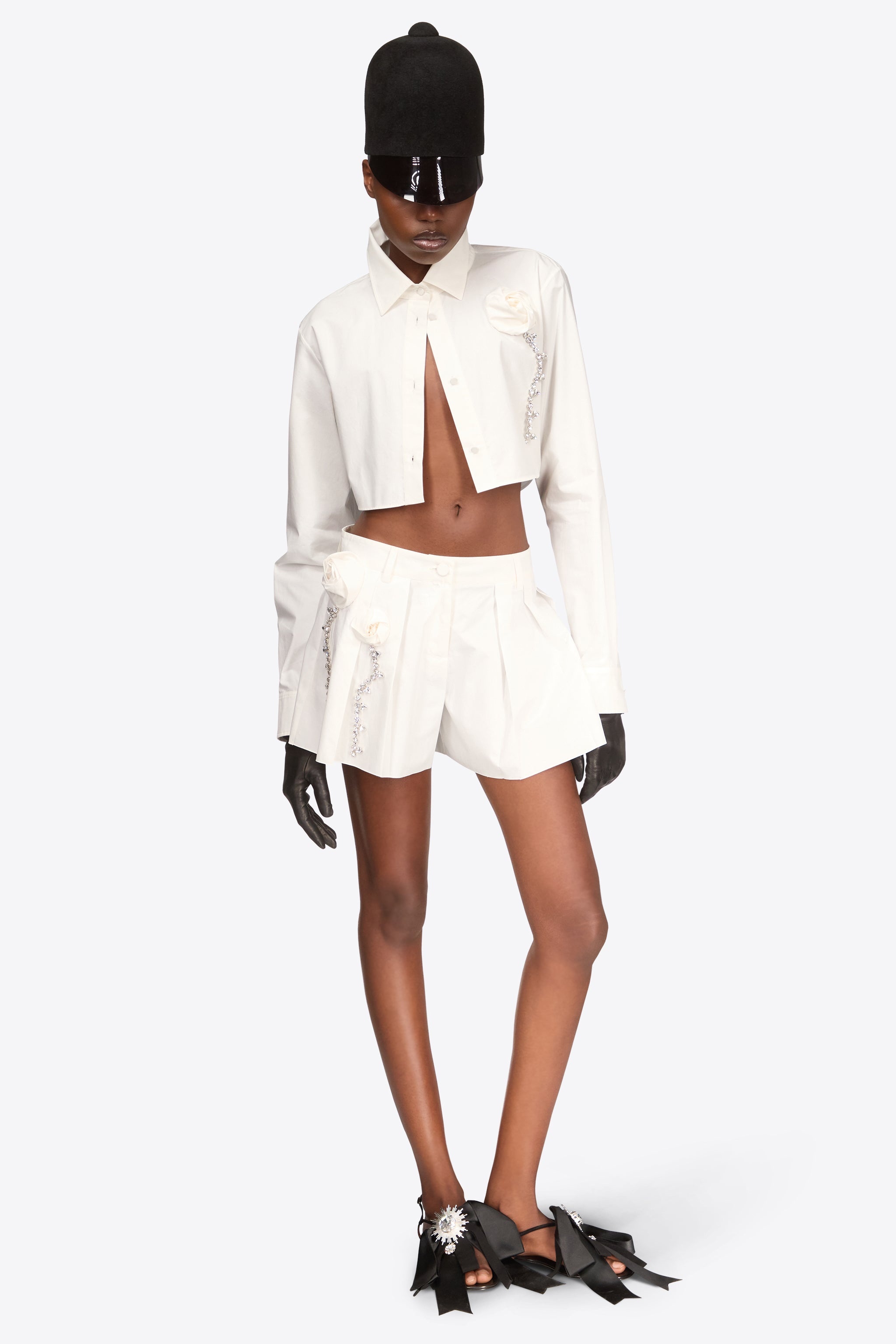 CRYSTAL ROSETTE POPLIN CROPPED SHIRT - 3