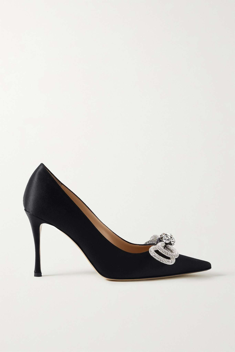 Double Bow crystal-embellished satin point-toe pumps 1