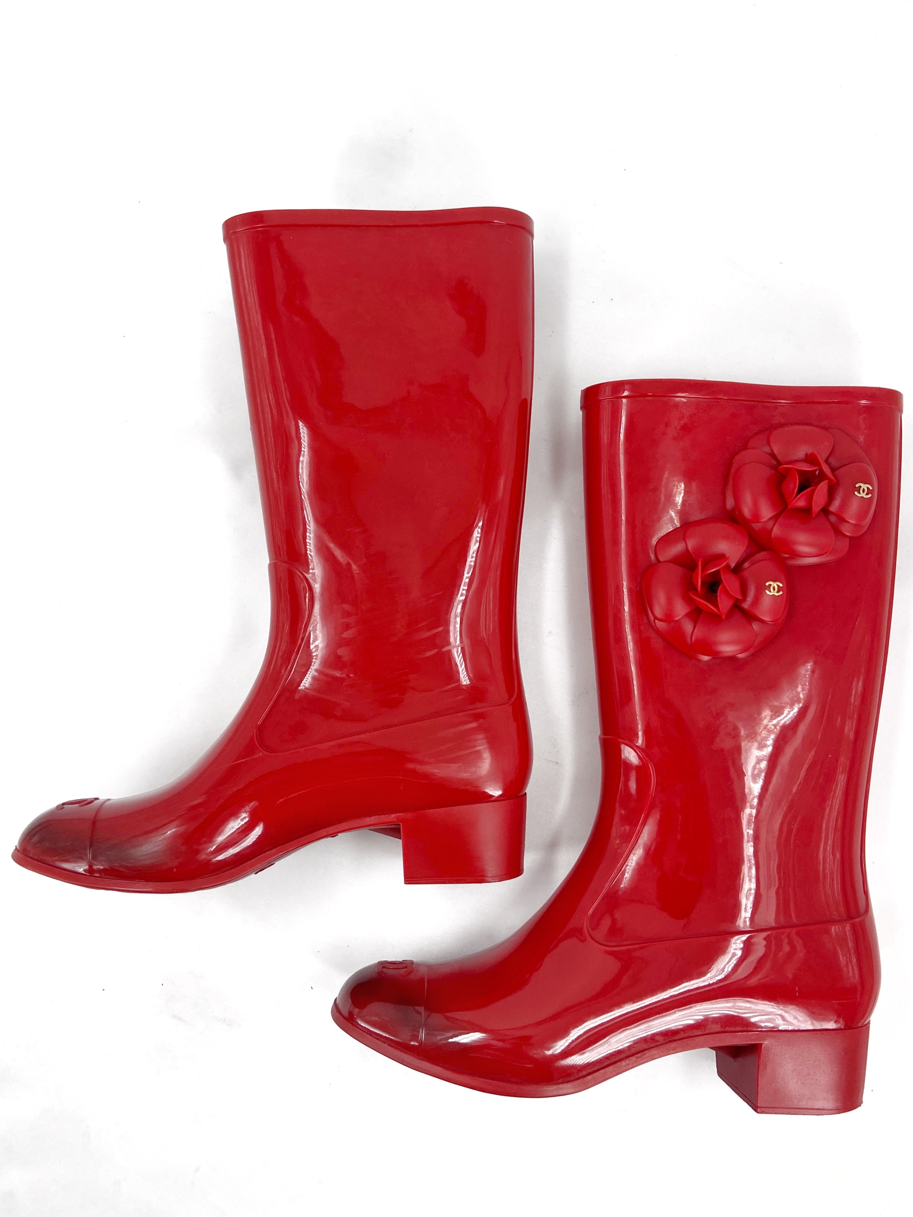 Chanel Karl Lagerfeld Red Camellia Rubber Rainboot - 2