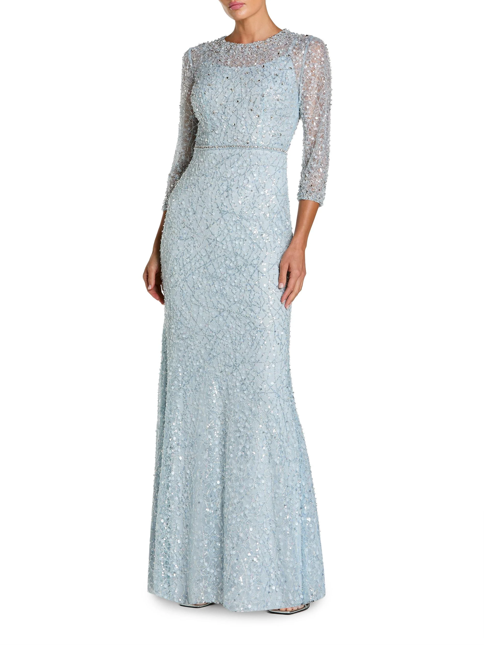 Women's Embellished Lace Column Gown - Powder Blue - 1