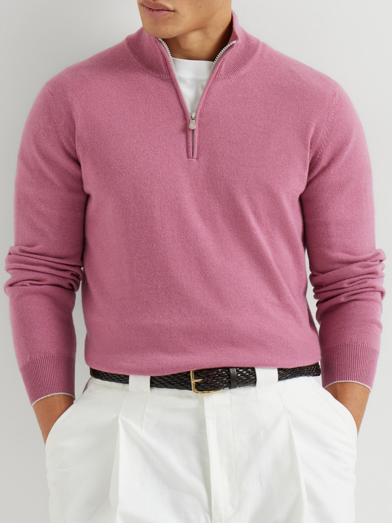 Men's Cashmere Sweater with Half Zip - Coral 5