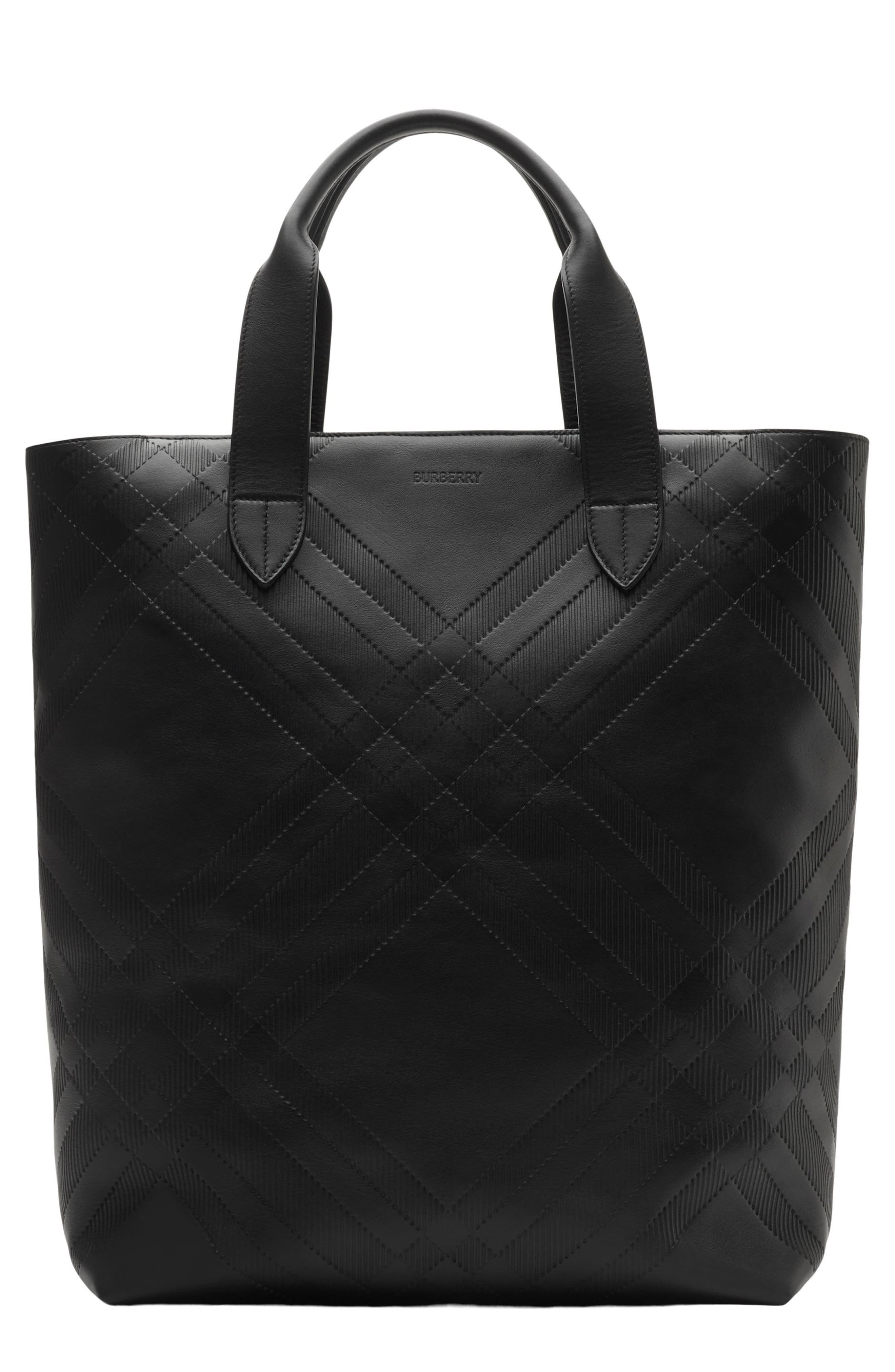 burberry Check North/South Leather Tote in Black at Nordstrom - 1