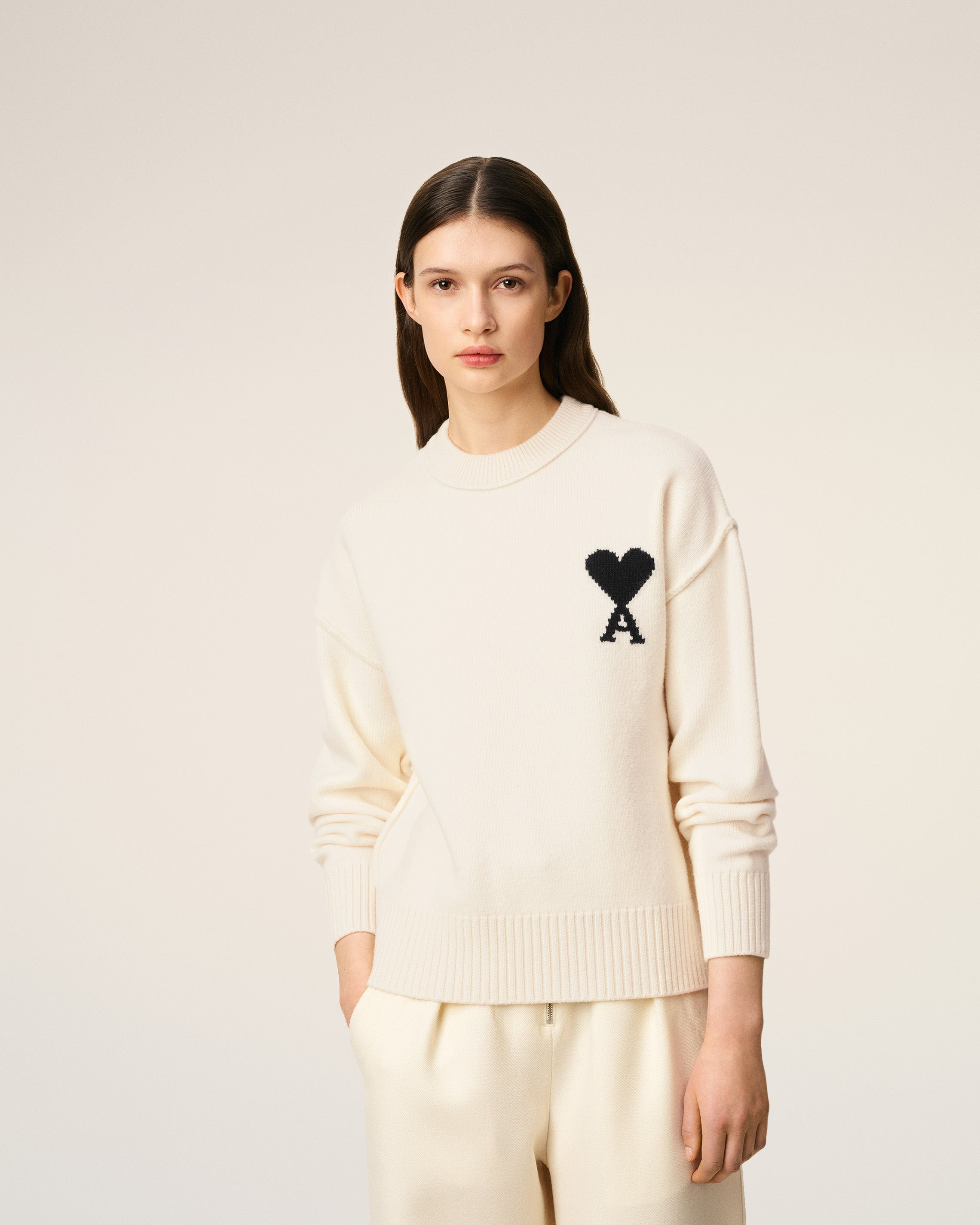 WHITE WOOL AMI DE COEUR CREWNECK SWEATER - 2
