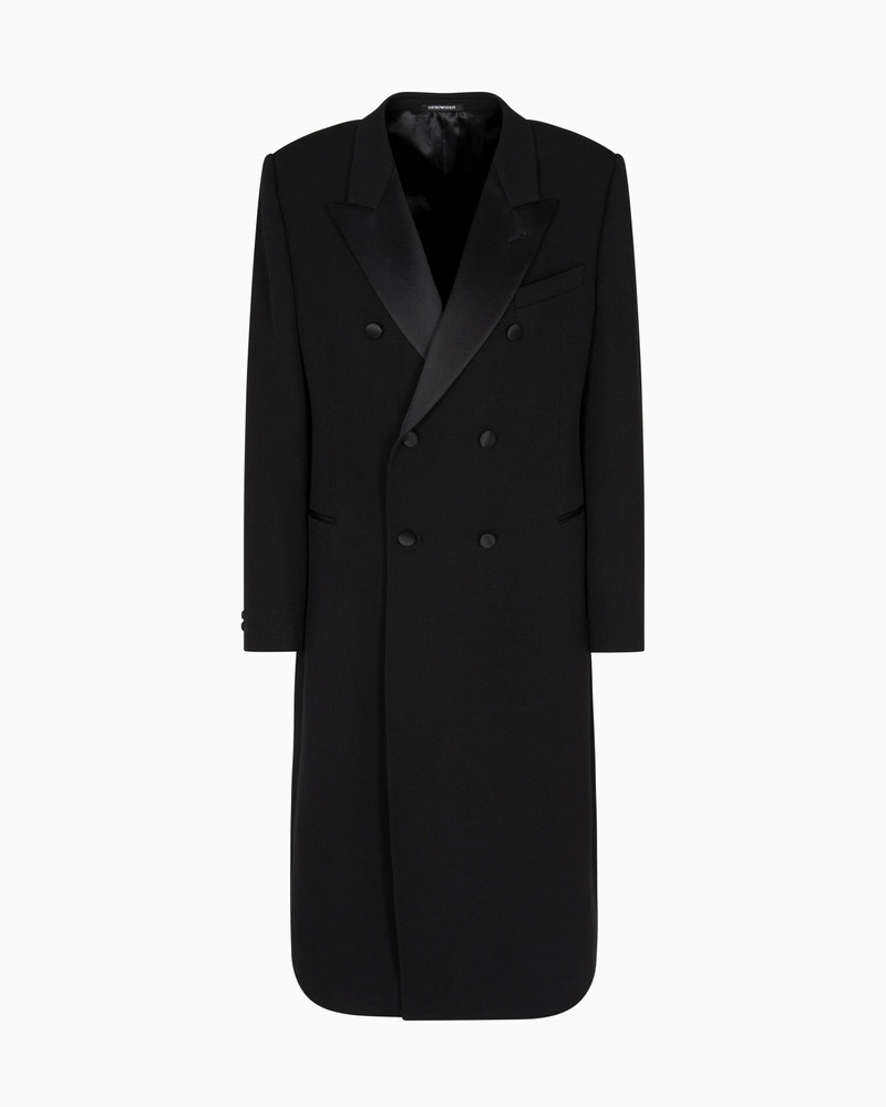 DOUBLE-BREASTED COAT IN GRANULAR VIRGIN WOOL WITH SATIN DETAILS 1