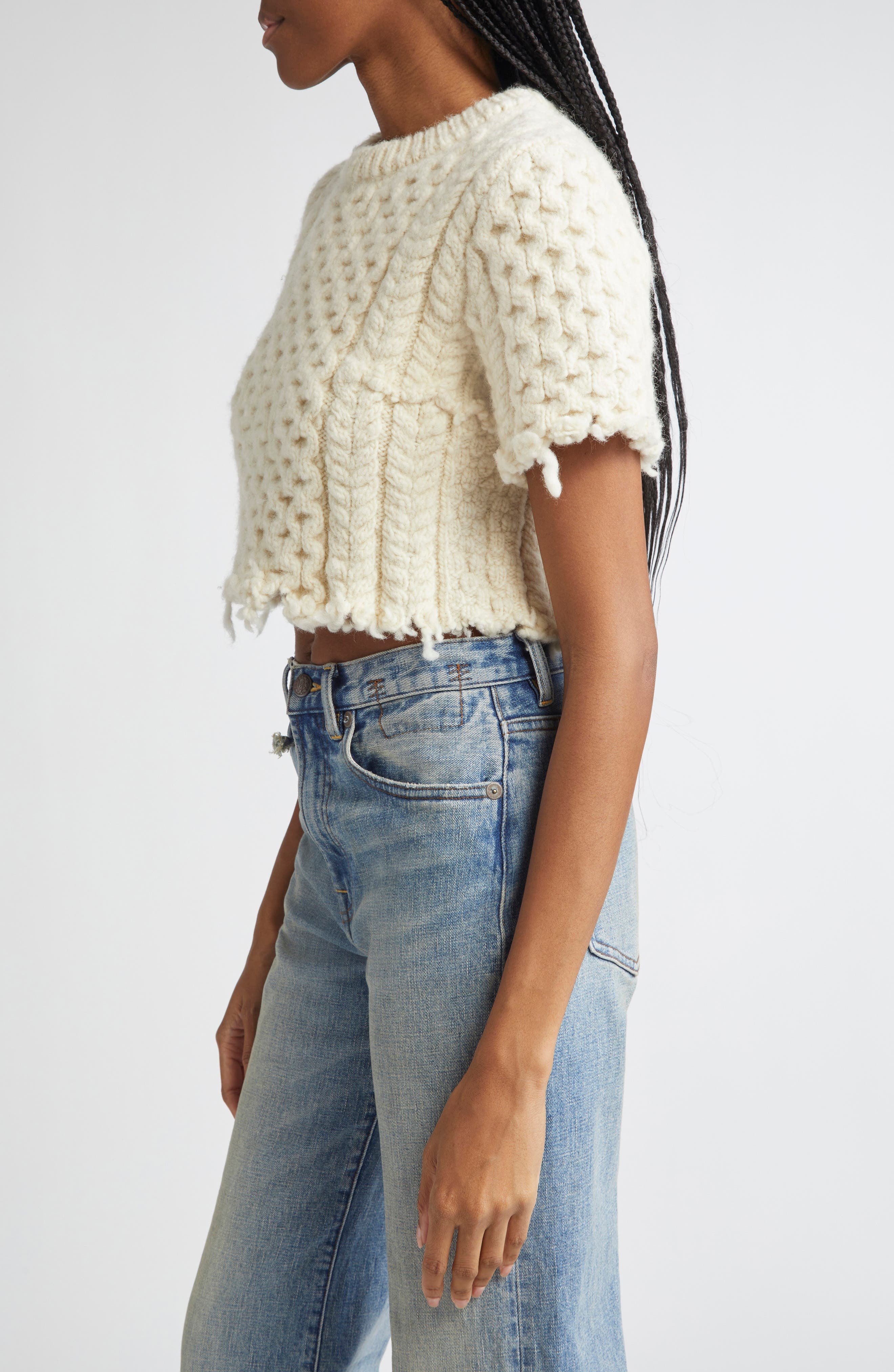 R13 Cutoff Shrunken Fisherman Stitch Wool Sweater in Cream at Nordstrom - 3