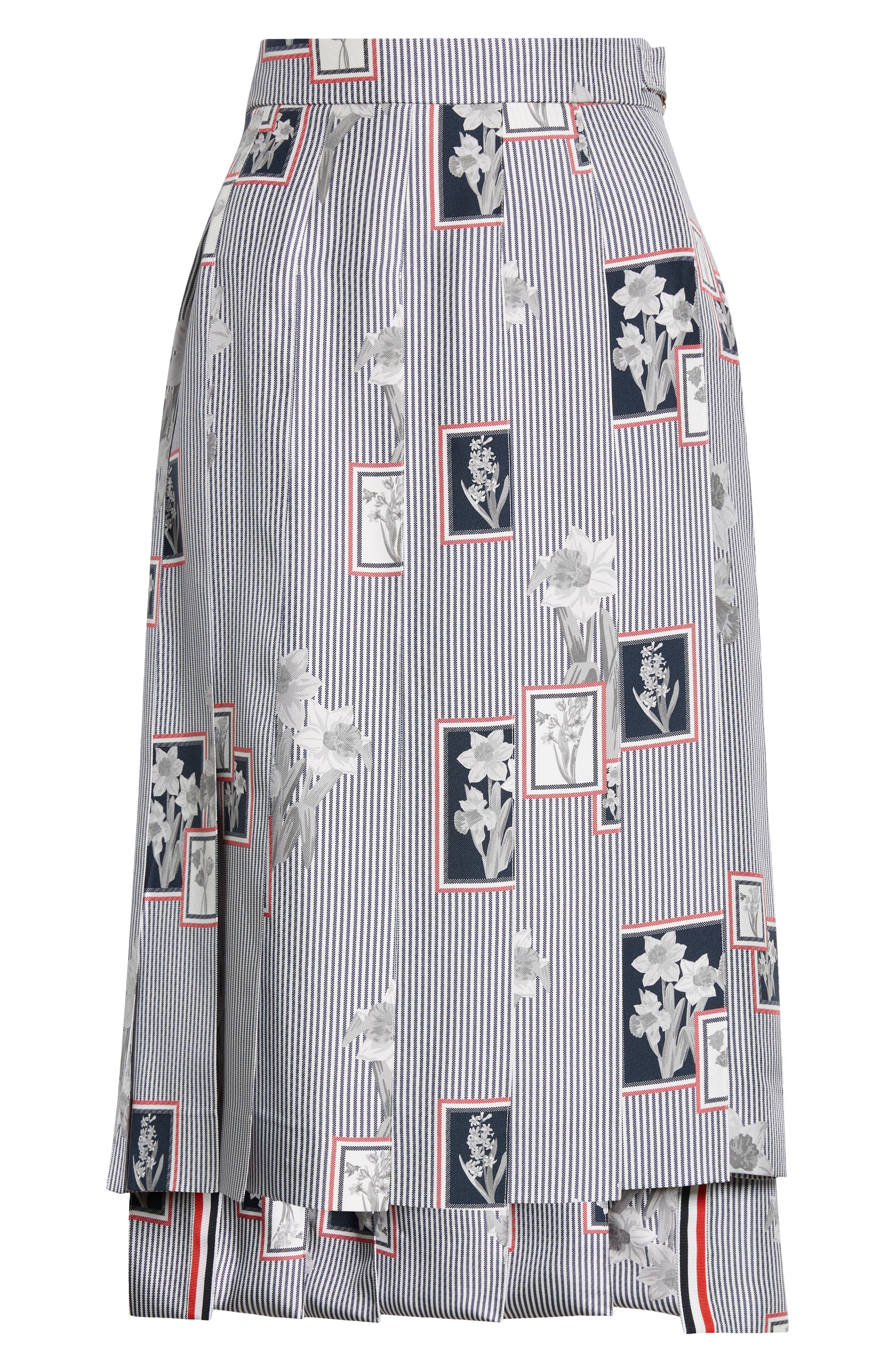 Thom Browne Classic Framed Floral Pleated Silk Skirt in Navy at Nordstrom - 6