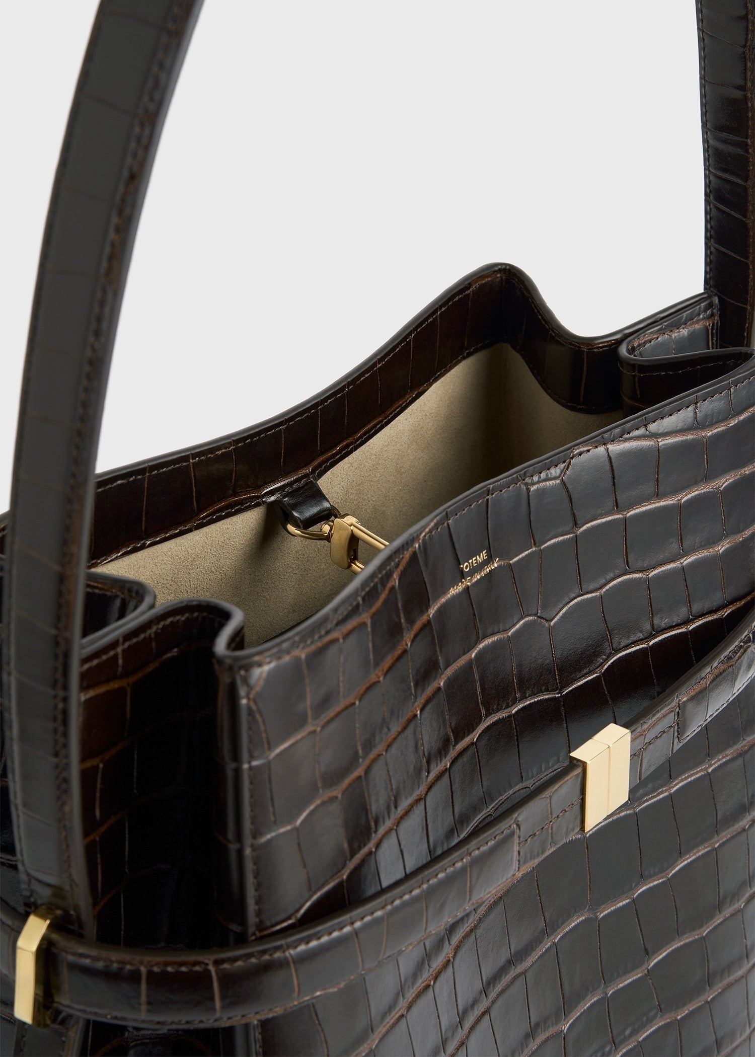 Belted croco-embossed bucket bag dark brown - 6