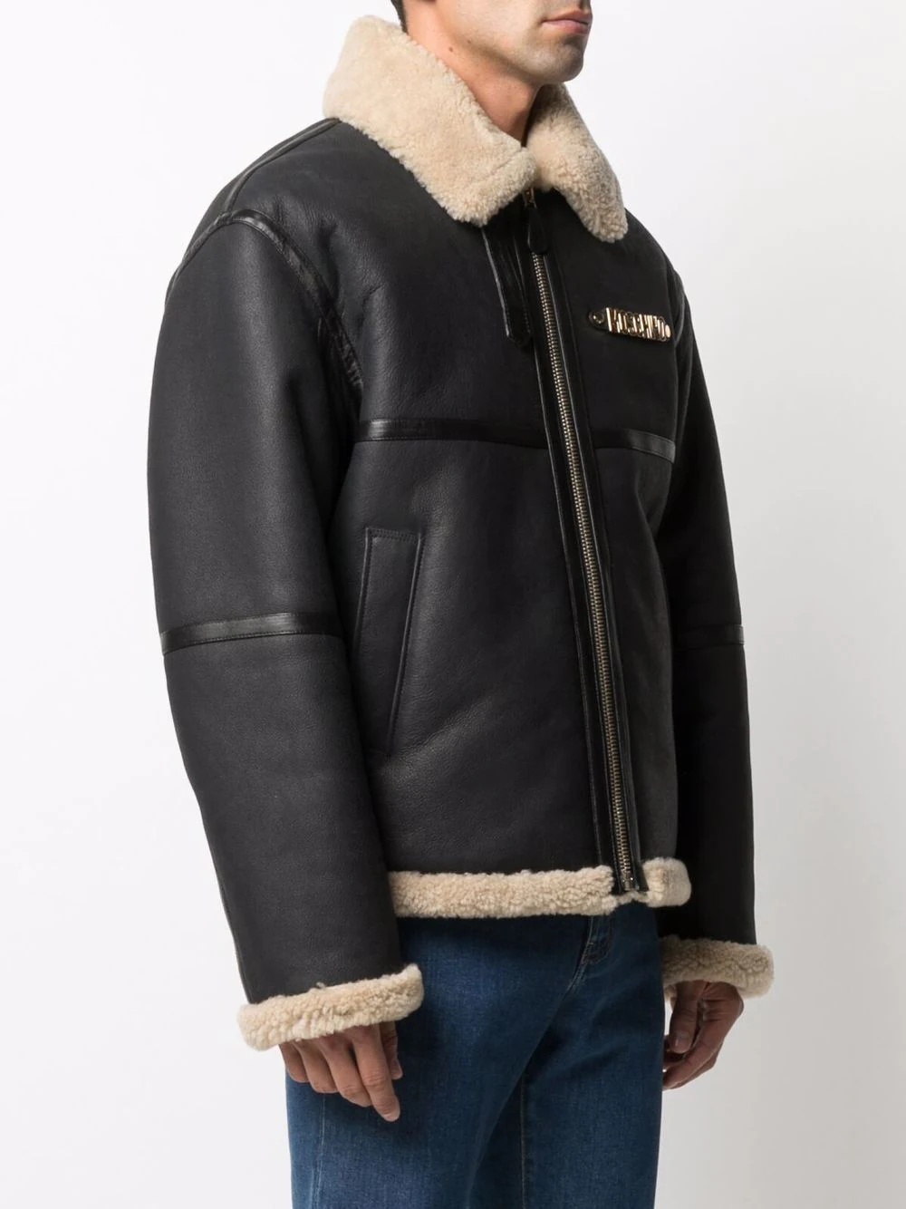 logo-plaque shearling jacket - 3