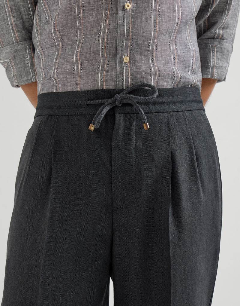 Linen and virgin wool chevron trousers with drawstring and double pleats 4