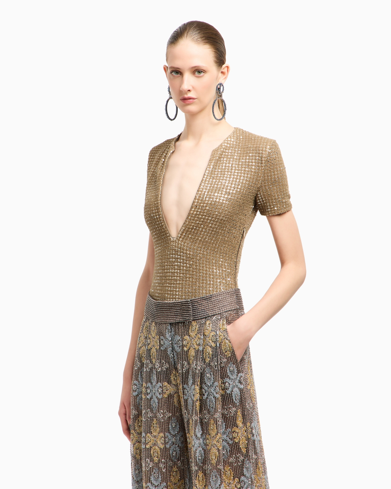JERSEY BODYSUIT WITH A FLOCKED PRINT AND SEQUINS - 4