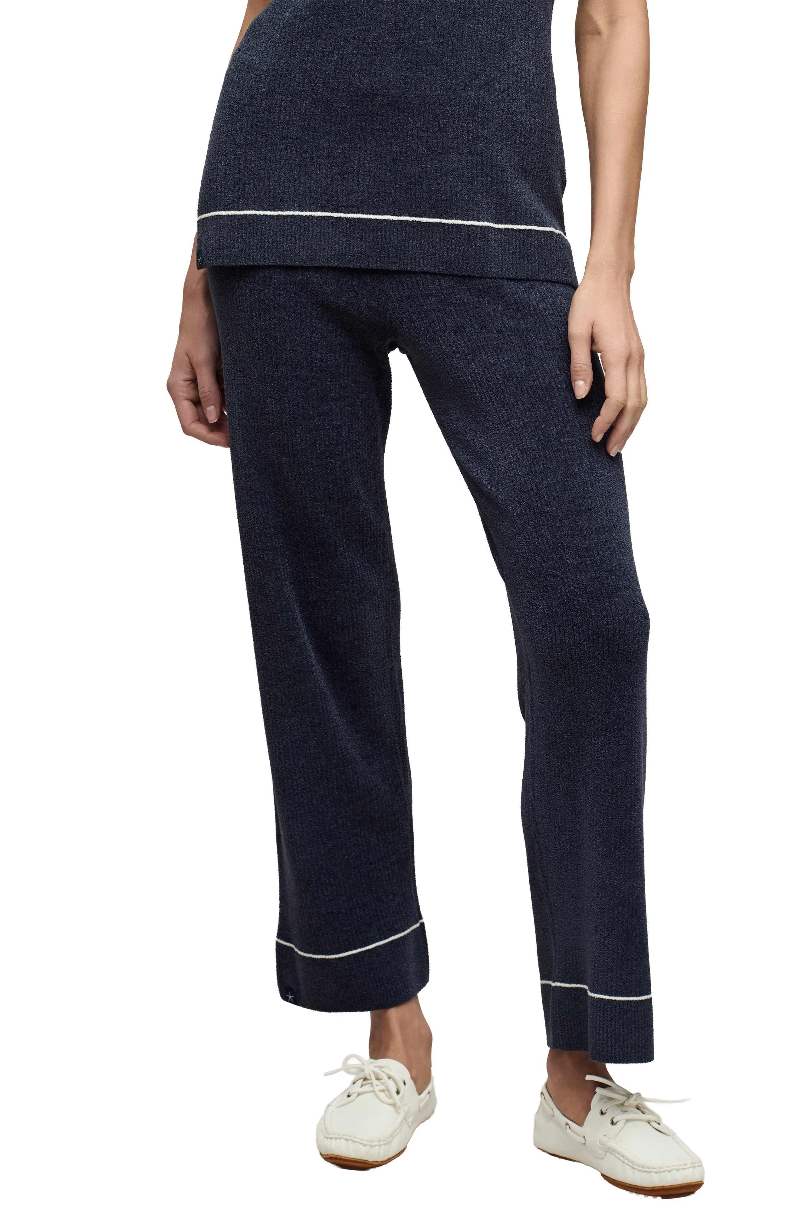 barefoot dreams CozyChic® Ultra Lite® Contrast Stripe Rib Ankle Pants in Indigo-Pearl - 1