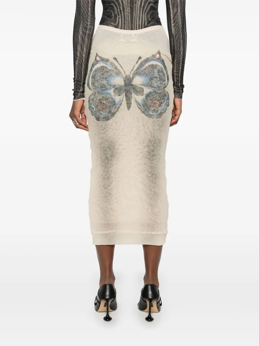 Jean Paul Gaultier Women Mesh Skirt Double Layer Printed "Tattoo Rose & Bird" - 4