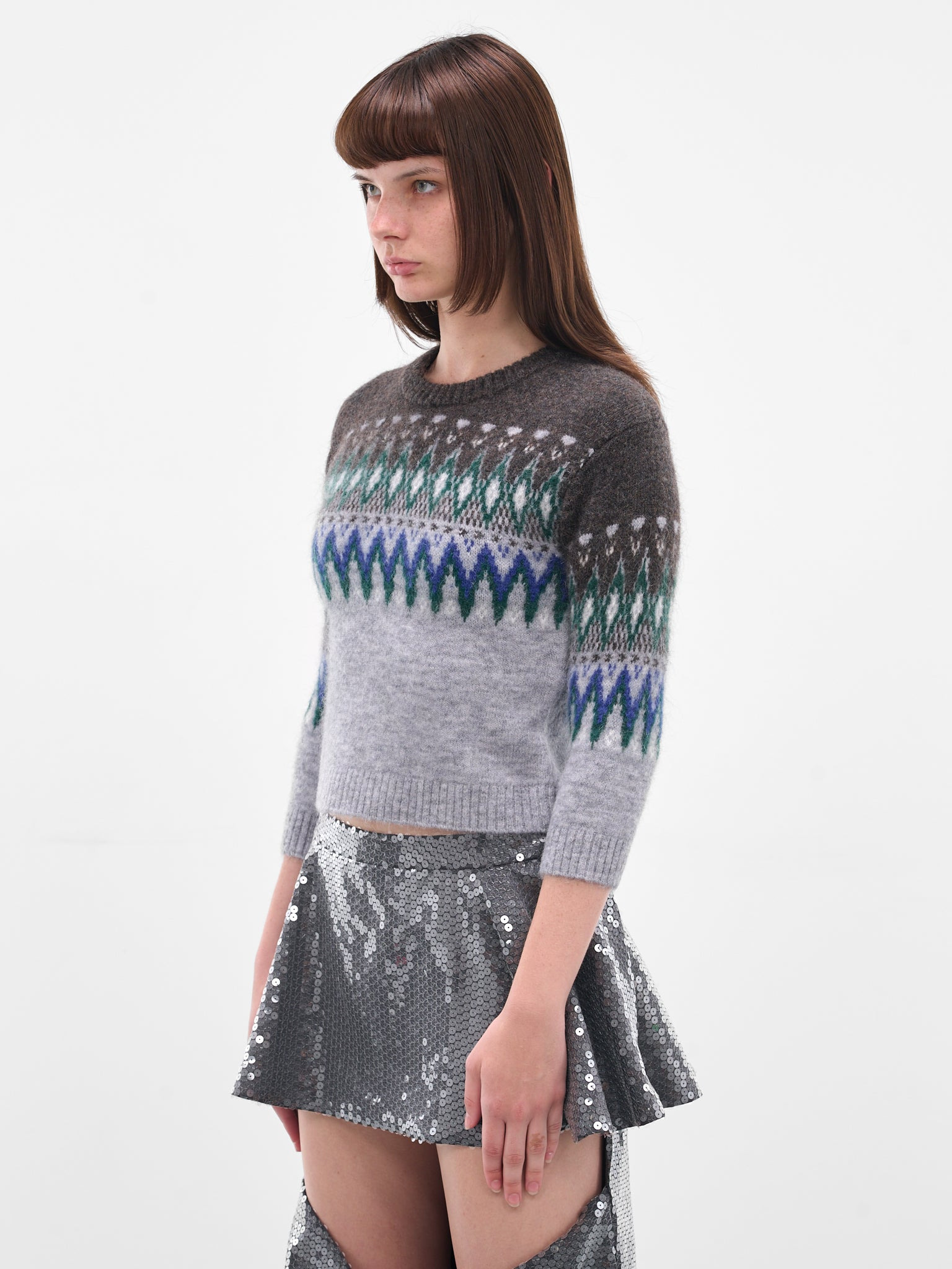 Gray Jacquard Knit Cropped Sweater - 2