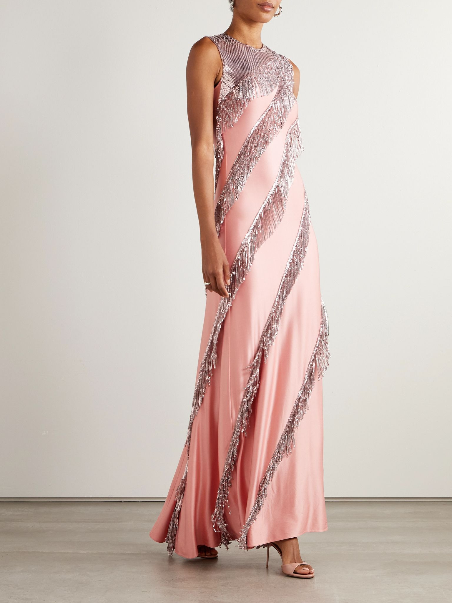 Fringed chainmail-embellished satin-jersey maxi dress Pink - 2