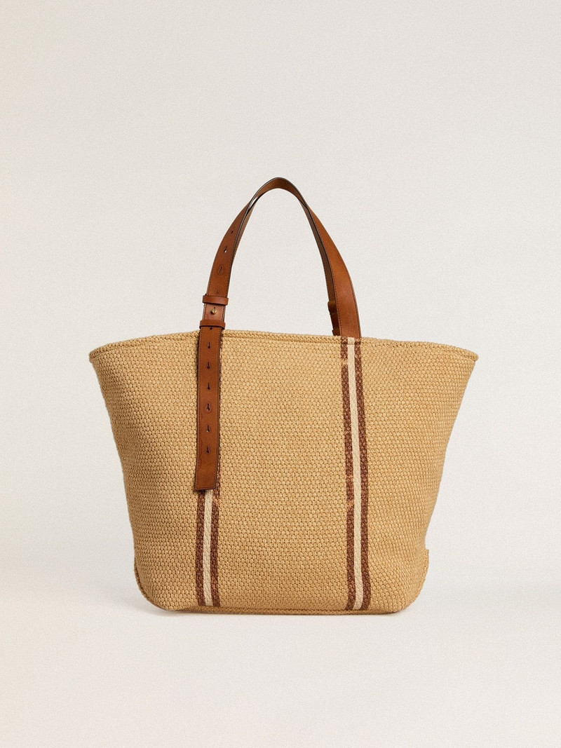 24.7 tote bag in natural raffia and brown leather with gold metallic details 4