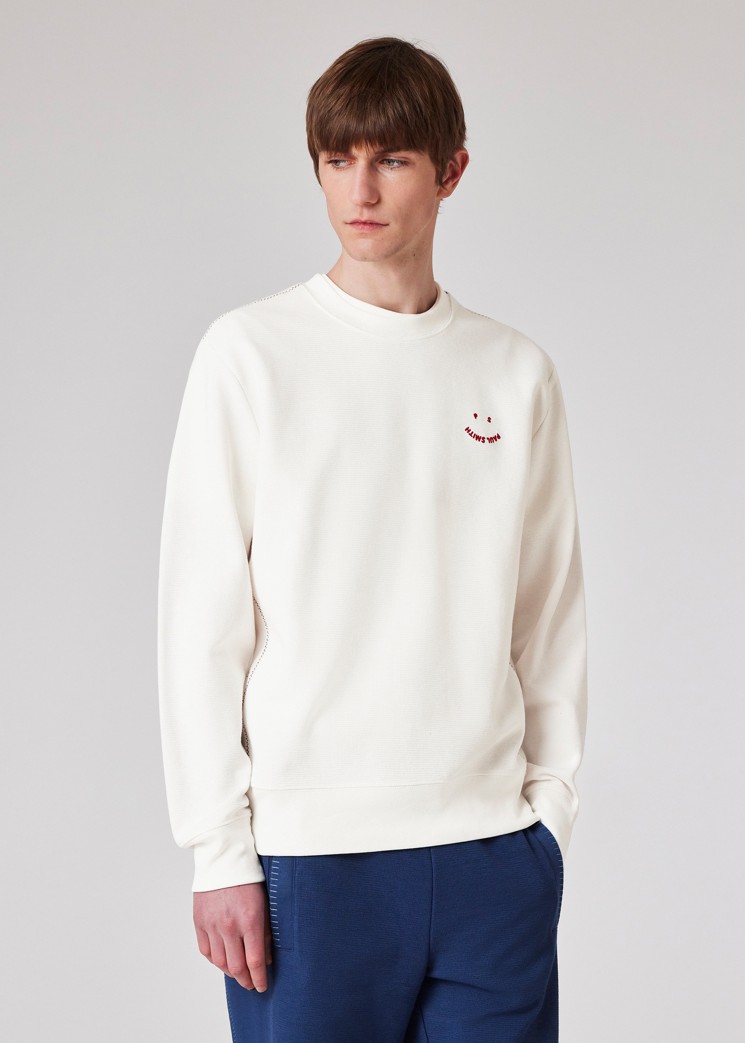 White Cotton-Blend 'Happy' Blanket-Stitch Sweatshirt - 3