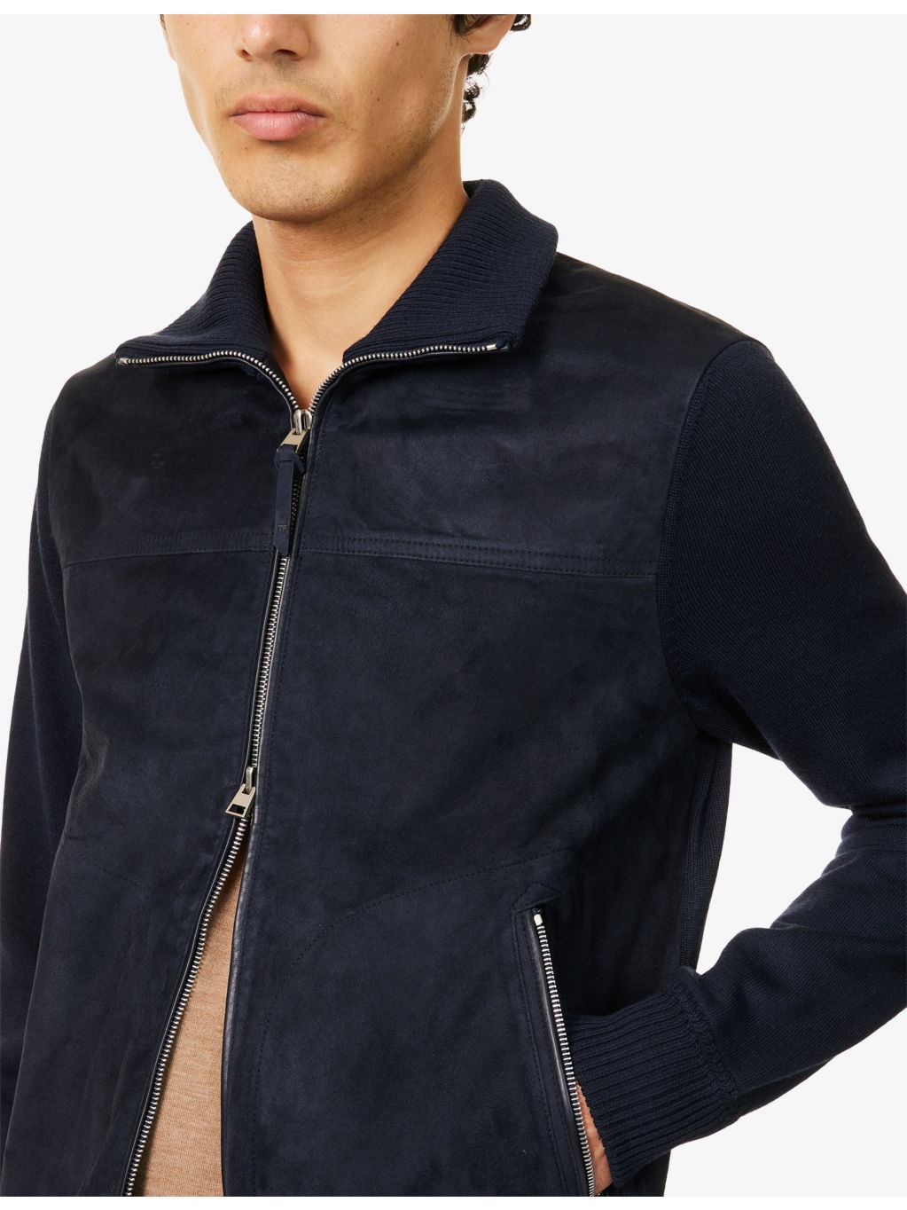 Zip-Through Hybrid Suede and Wool Knit Cardigan - 5