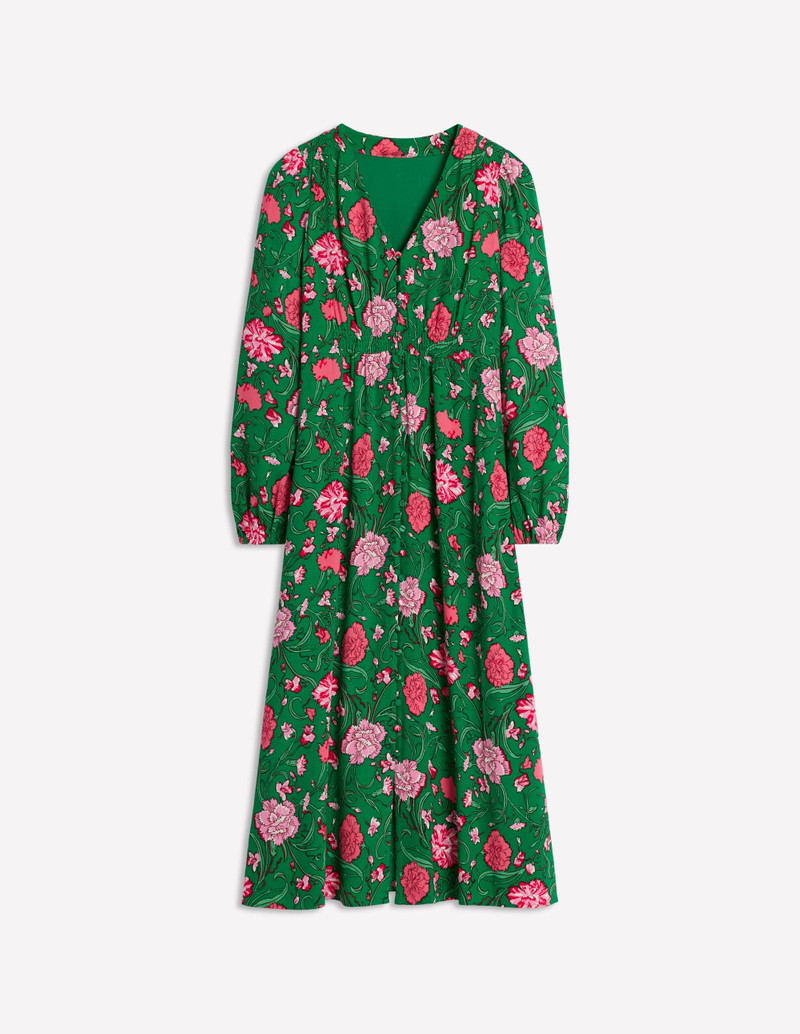 Cynthia Button Tea Dress-Rich Emerald, Carnation Vine 1
