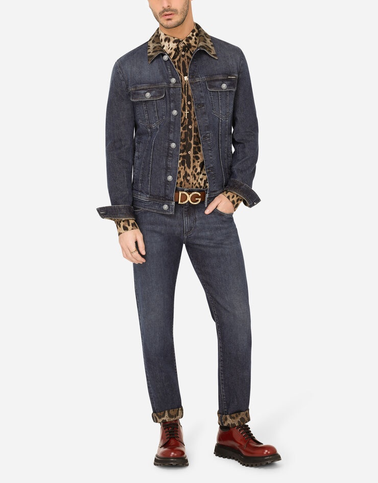 Blue wash slim-fit stretch jeans with leopard print - 6