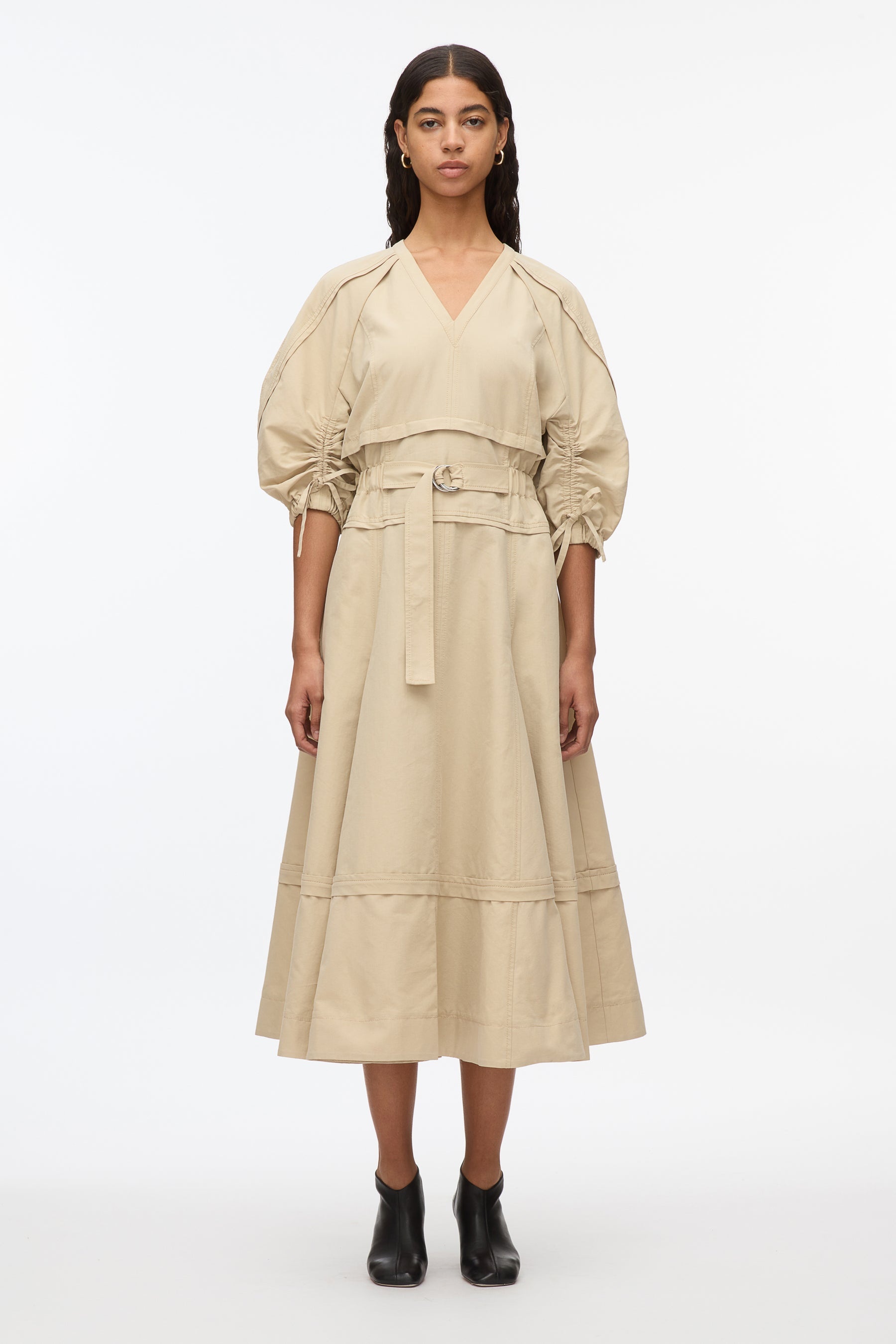 V-Neck Dress with Gathered Sleeves - 2