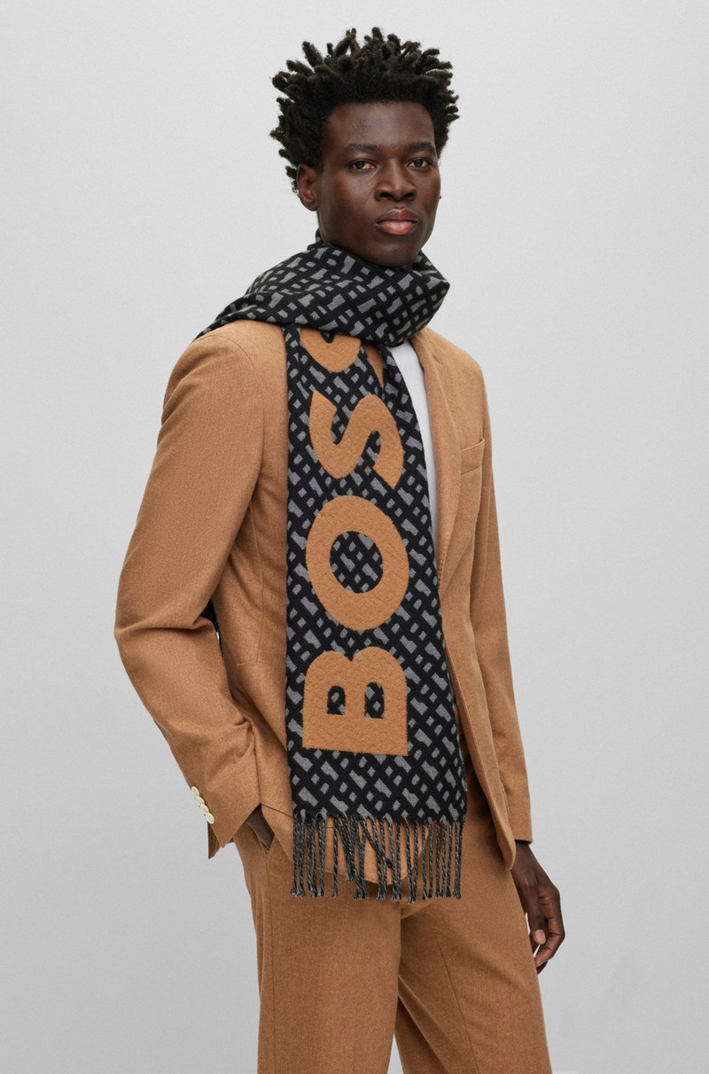 BOSS FRINGED SCARF WITH LOGO AND MONOGRAMS outlook