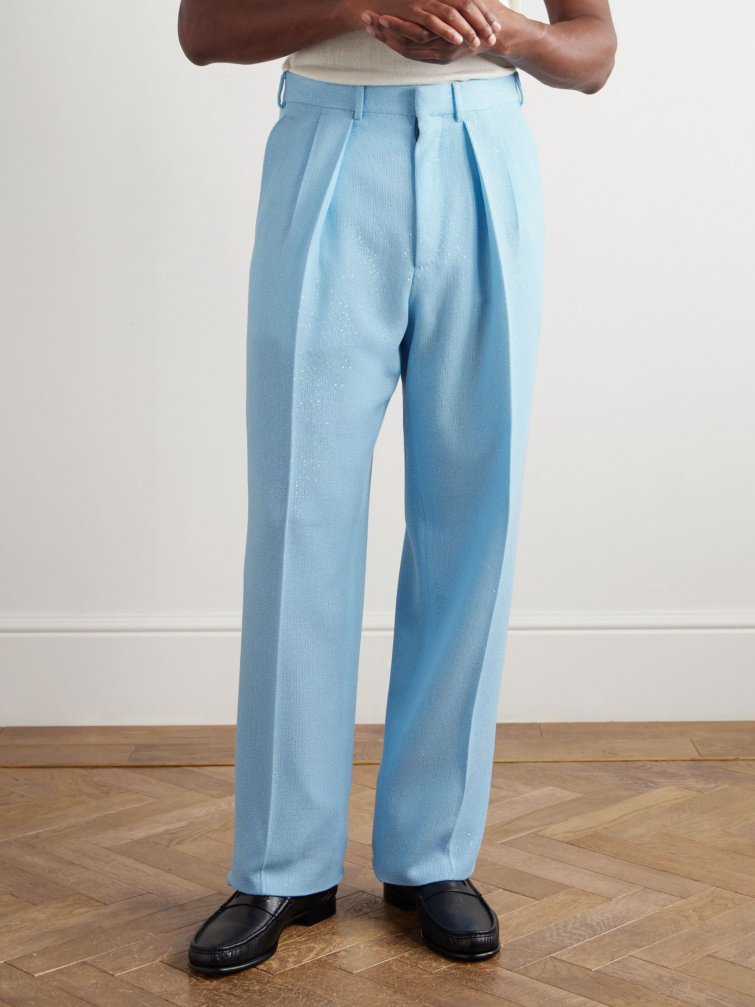 Straight-Leg Pleated Sequin-Embellished Wool-Blend Suit Trousers Light blue - 3