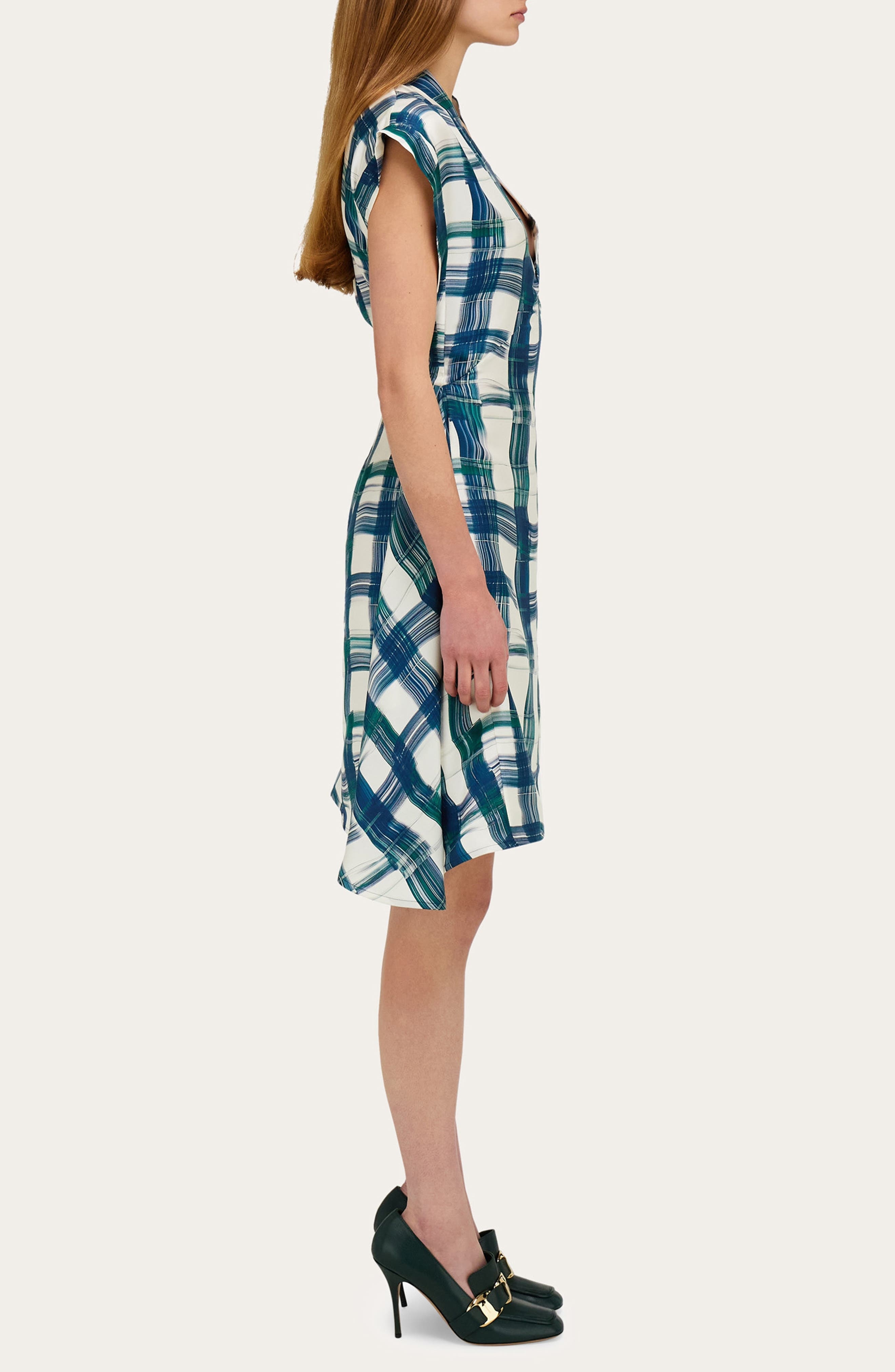 FERRAGAMO Brushstroke Tartan Silk Dress in New Navy/Moss at Nordstrom - 3