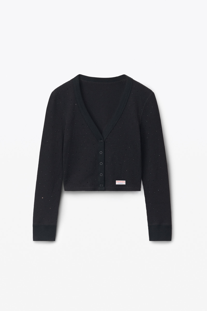 Crystal Hotfix Long-Sleeve Cardigan in Waffle Knit 1