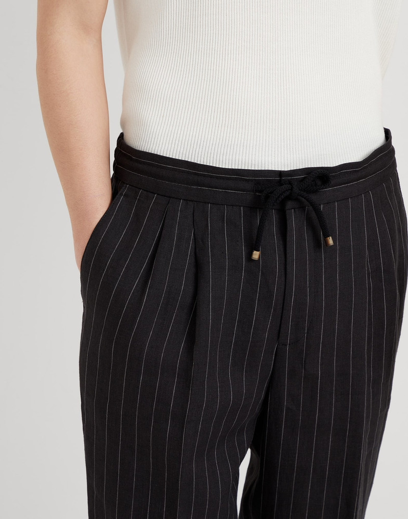 Linen chalk stripe leisure fit trousers with drawstring and double pleats 3
