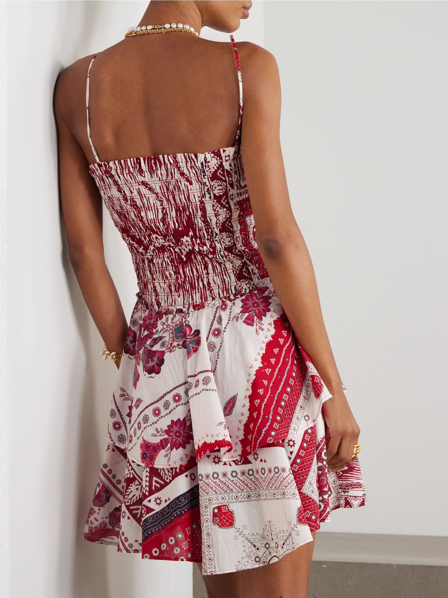 Anka tiered smocked bandana-print cotton mini dress Red - 3
