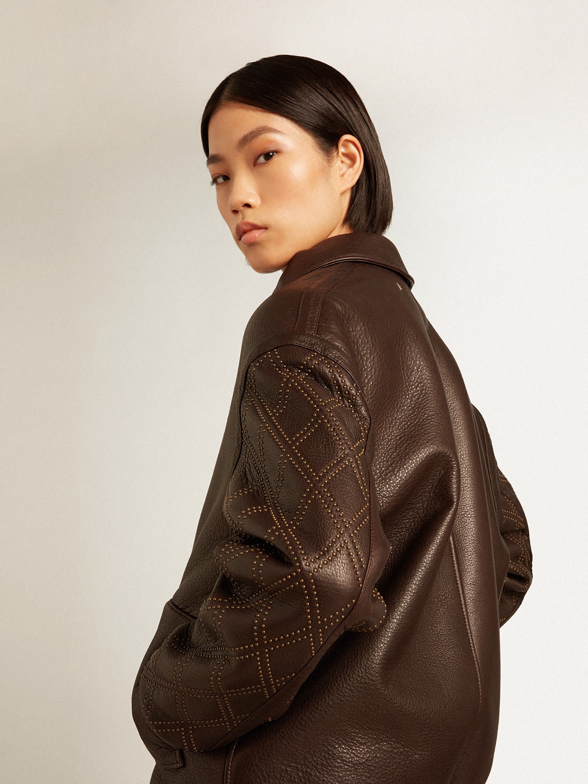 Brown nappa leather jacket with studded sleeves - 5