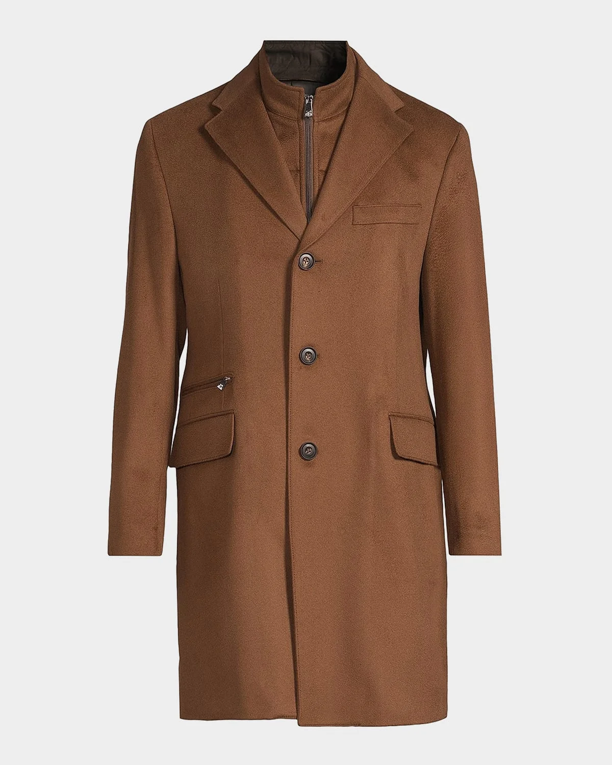 Men's Virgin Wool Single-Breasted Top Coat with Zip Insert - 1