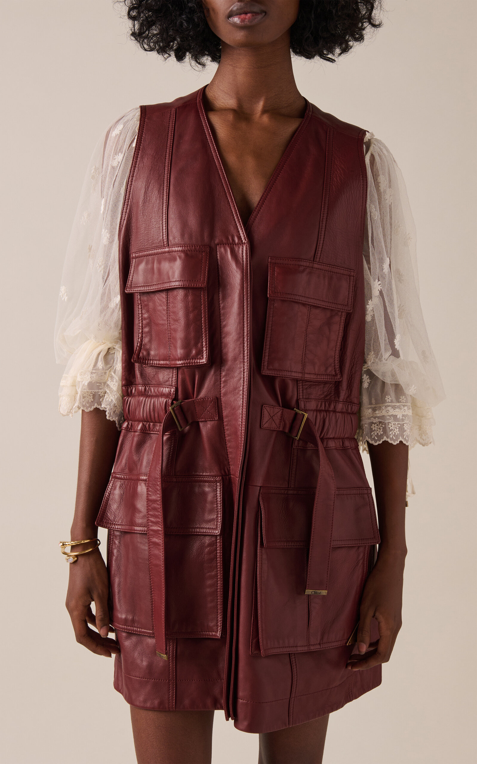 Oversized Plonge Leather Utility Vest burgundy - 3